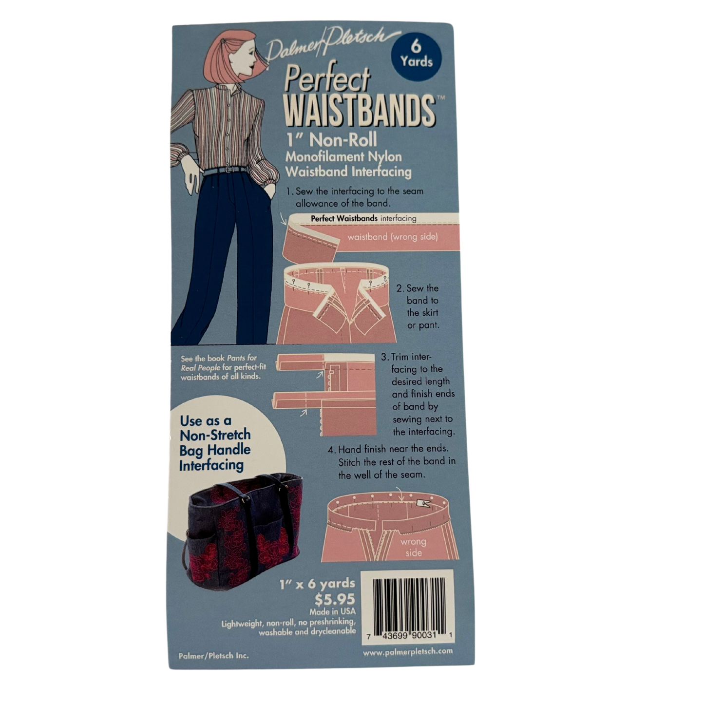 A product card for 1 inch non roll waistband interfacing. The picture has a blue background with a woman on the upper left. There are pink samples of waistbands and how to use the product and a large bag for using it in the opening