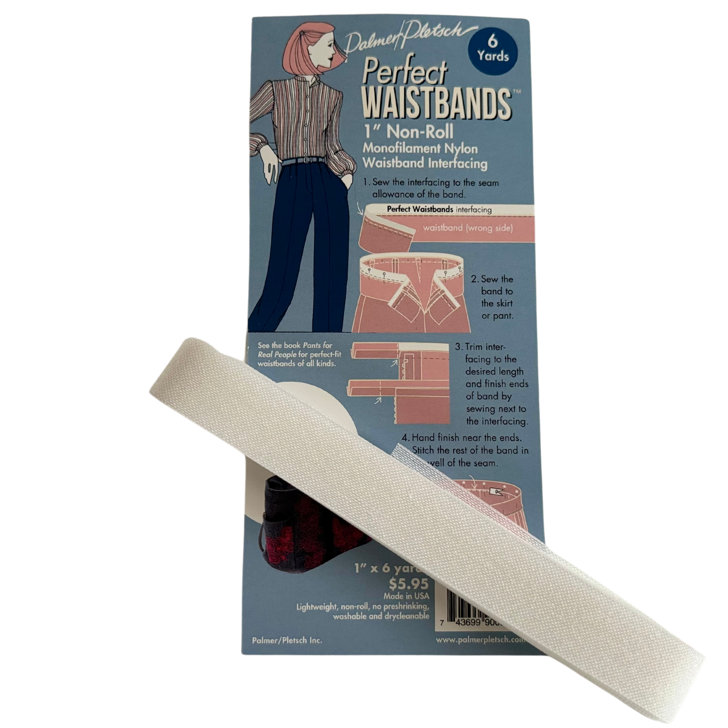 A product card for 1 inch non roll waistband interfacing. The picture has a blue background with a woman on the upper left. There are pink samples of waistbands and how to use the product and a large bag for using it in the opening. A piece of the white interfacing is crossing the package diagonally at the bottom
