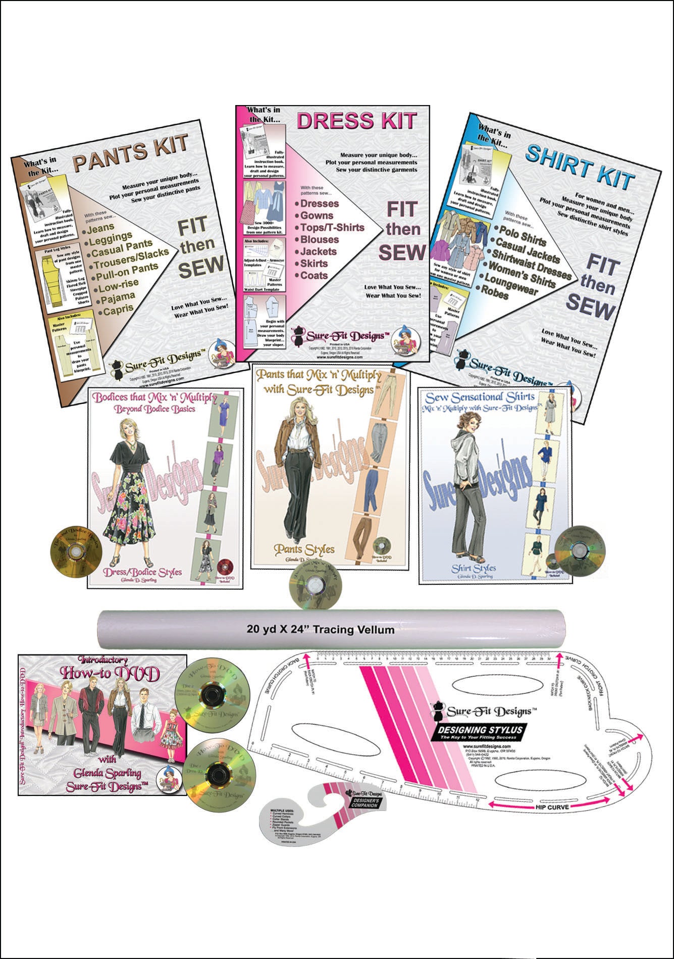 A collection of multiple sewing patterns, designing books, a designing stylus, a how to DVD, a 24 inch roll of tracing paper and a designing companion