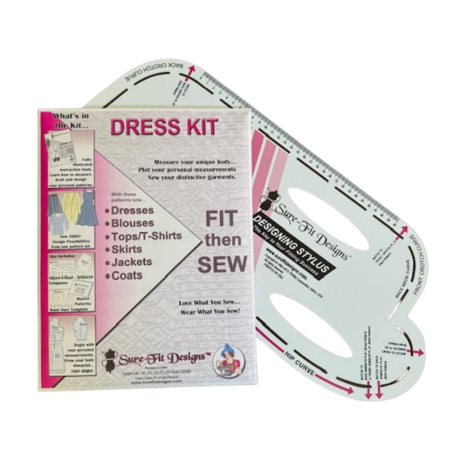 A 10 x 13 sewing pattern envelope that is pink and gray and says Dress Kit in pink letters. Behind it is a Sure Fit Designs designing stylus made of white plastic and pink diagonal lines. it is used for sewing pattern making and has multiple curves