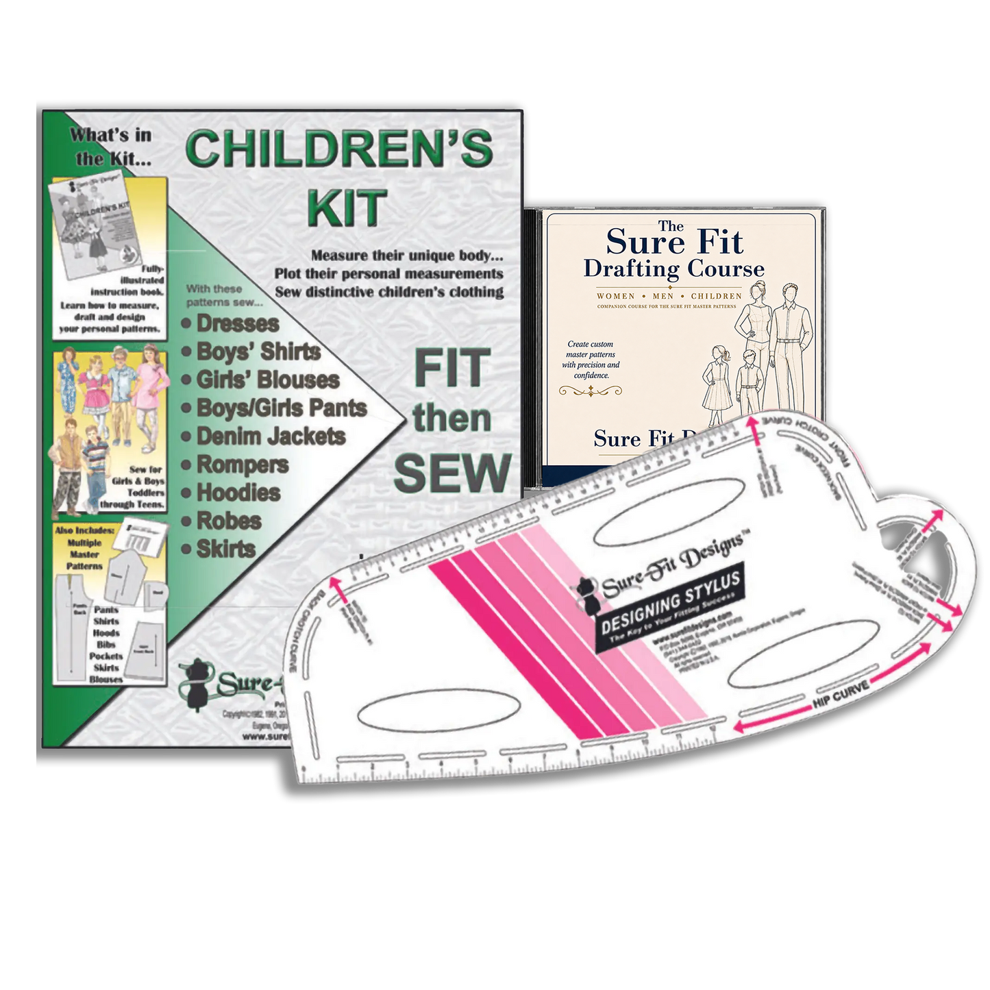 Children's sewing kit with measurement tool and course book on a white background