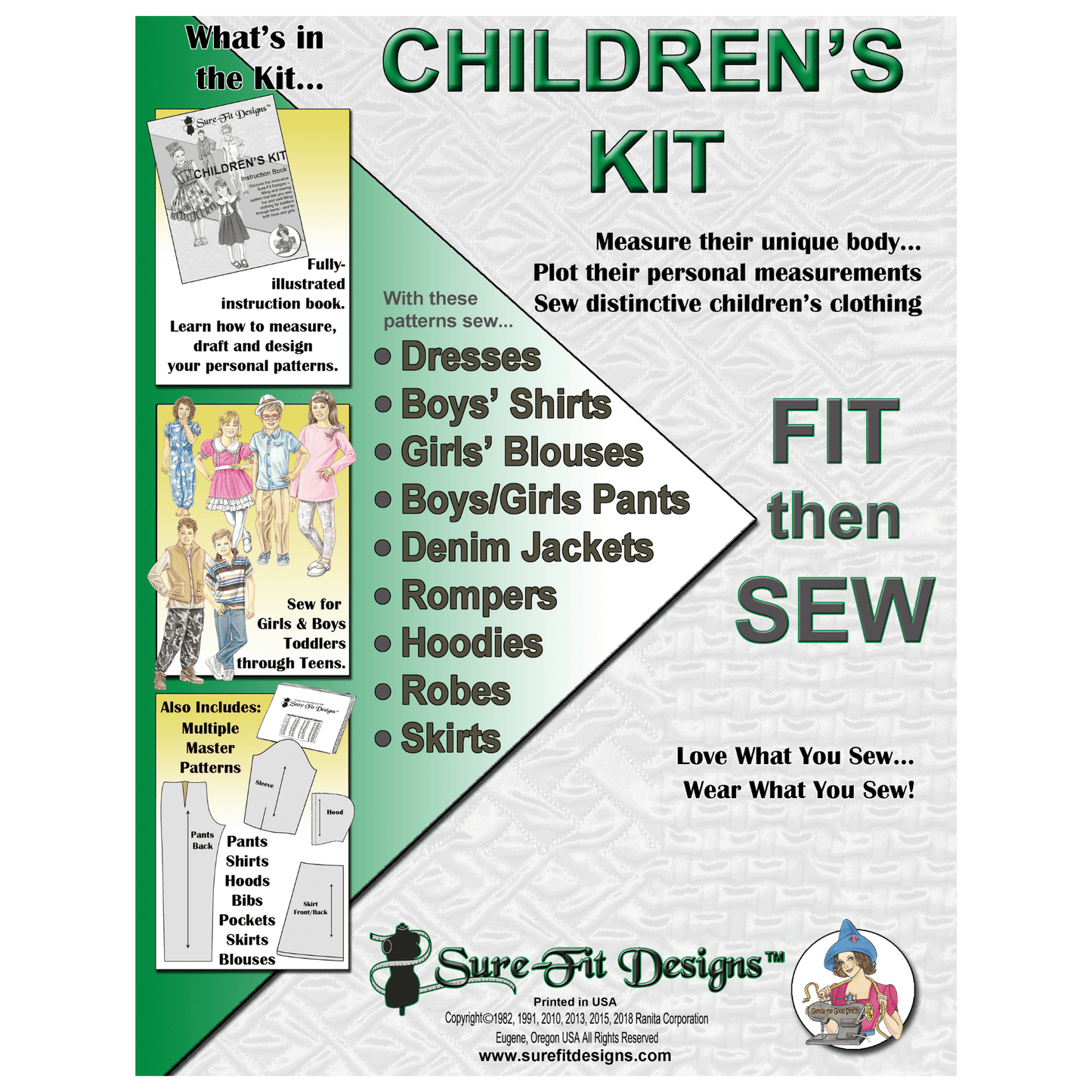 A 10X13 sewing pattern envelope that is green and white. It says children's kit and it is for sewing clothing for children