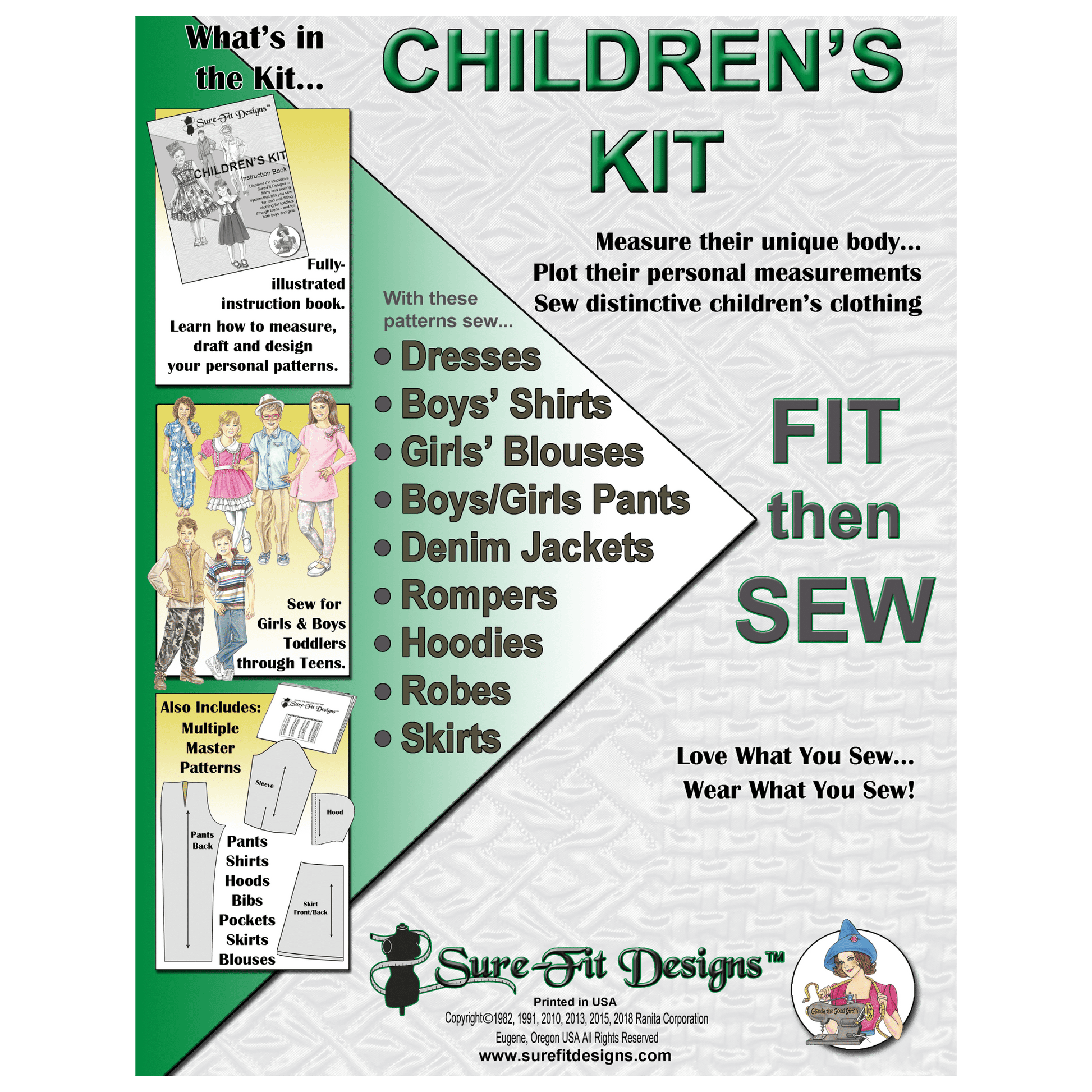 A 10X13 sewing pattern envelope that is green and white.  It says children's kit and it is for sewing clothing for children