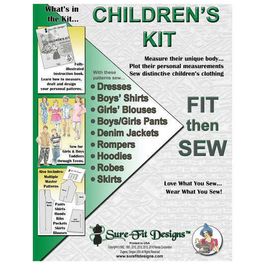 A 10X13 sewing pattern envelope that is green and white.  It says children's kit and it is for sewing clothing for children