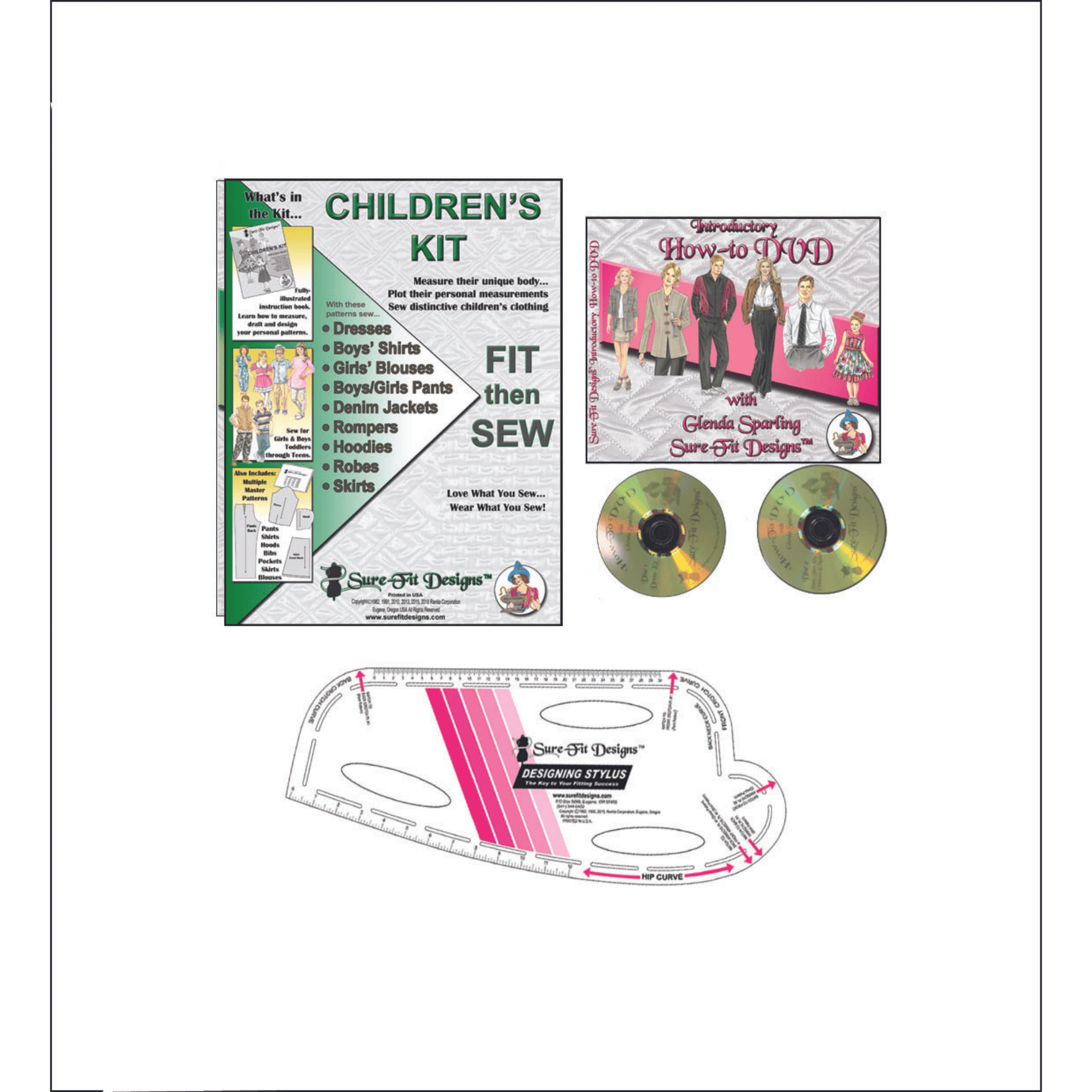 A bundle of Sure Fit Designs products that includes the Children's kit, a green and white sewing pattern envelope, a white plastic designing stylus and a How to DVD
