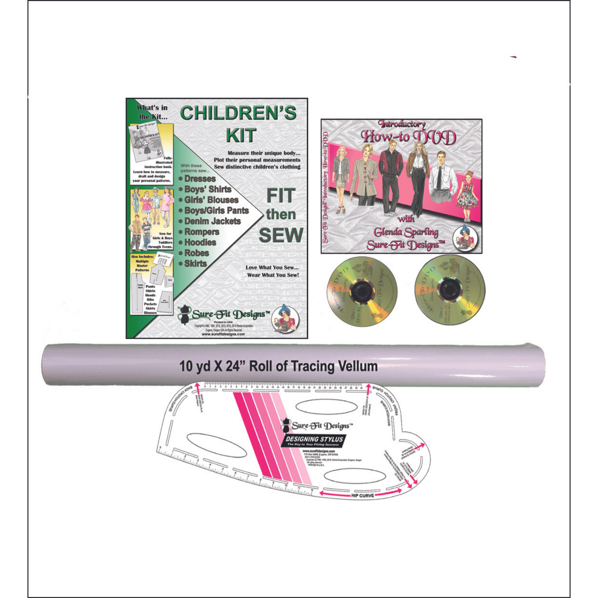 A bundle of Sure Fit Designs products that includes the Children's kit, a green and white sewing pattern envelope, a white plastic designing stylus, and a 24 inch roll of tracing vellum paper