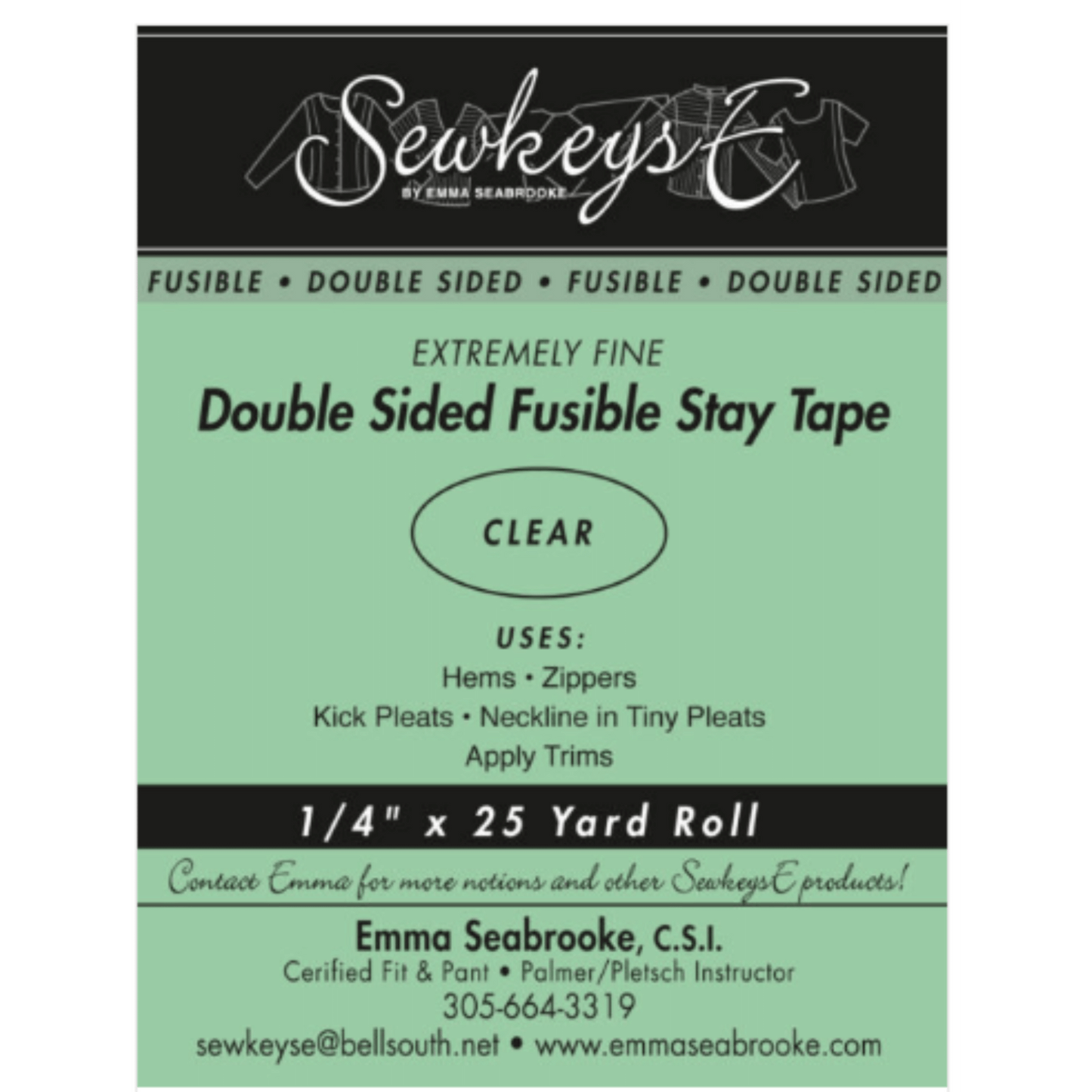 A package of double-sided stay tape for sewing that is 1/4 inch wide and 25 yards long. The package is black and green in color and made by SewkeysE