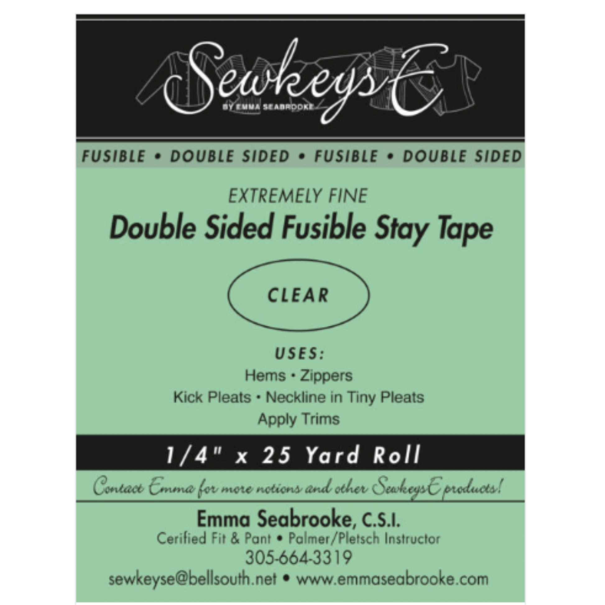 A package of double-sided stay tape for sewing that is 1/4 inch wide and 25 yards long.  The package is black and green in color and made by SewkeysE