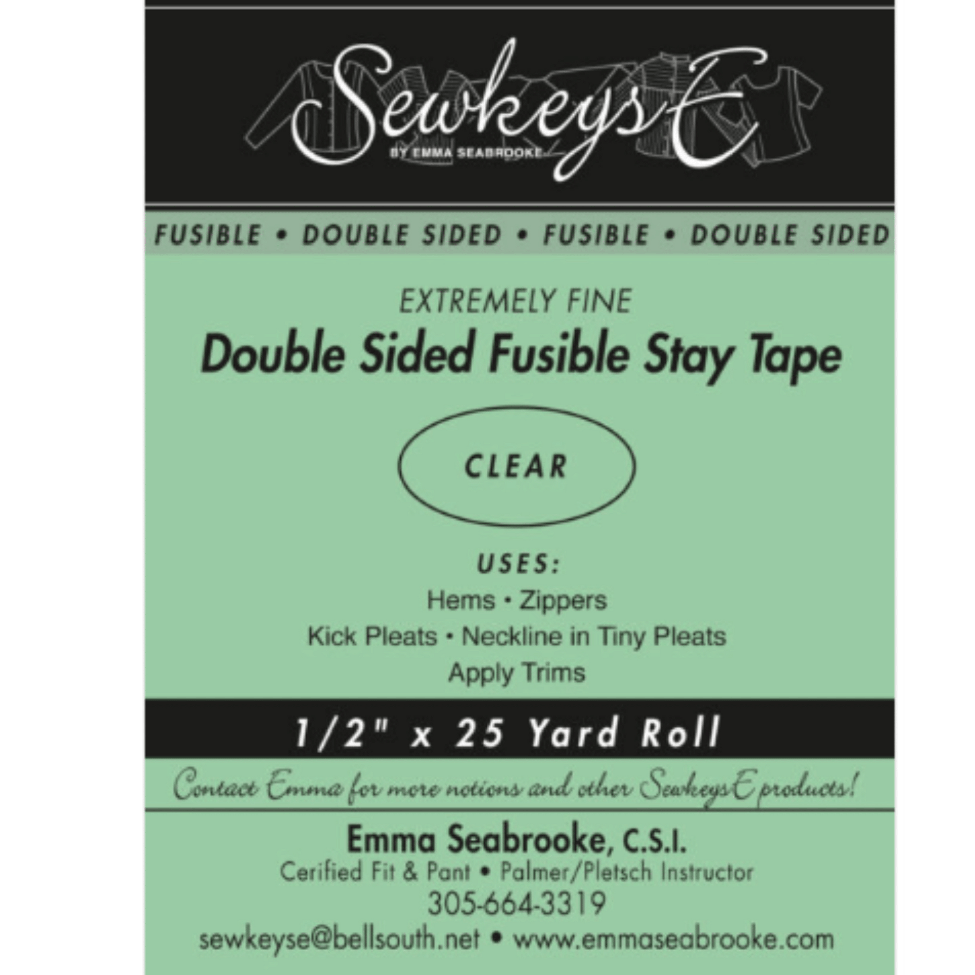 A package of double-sided stay tape for sewing that is 1/2 inch wide and 25 yards long.  The package is black and green in color and made by SewkeysE