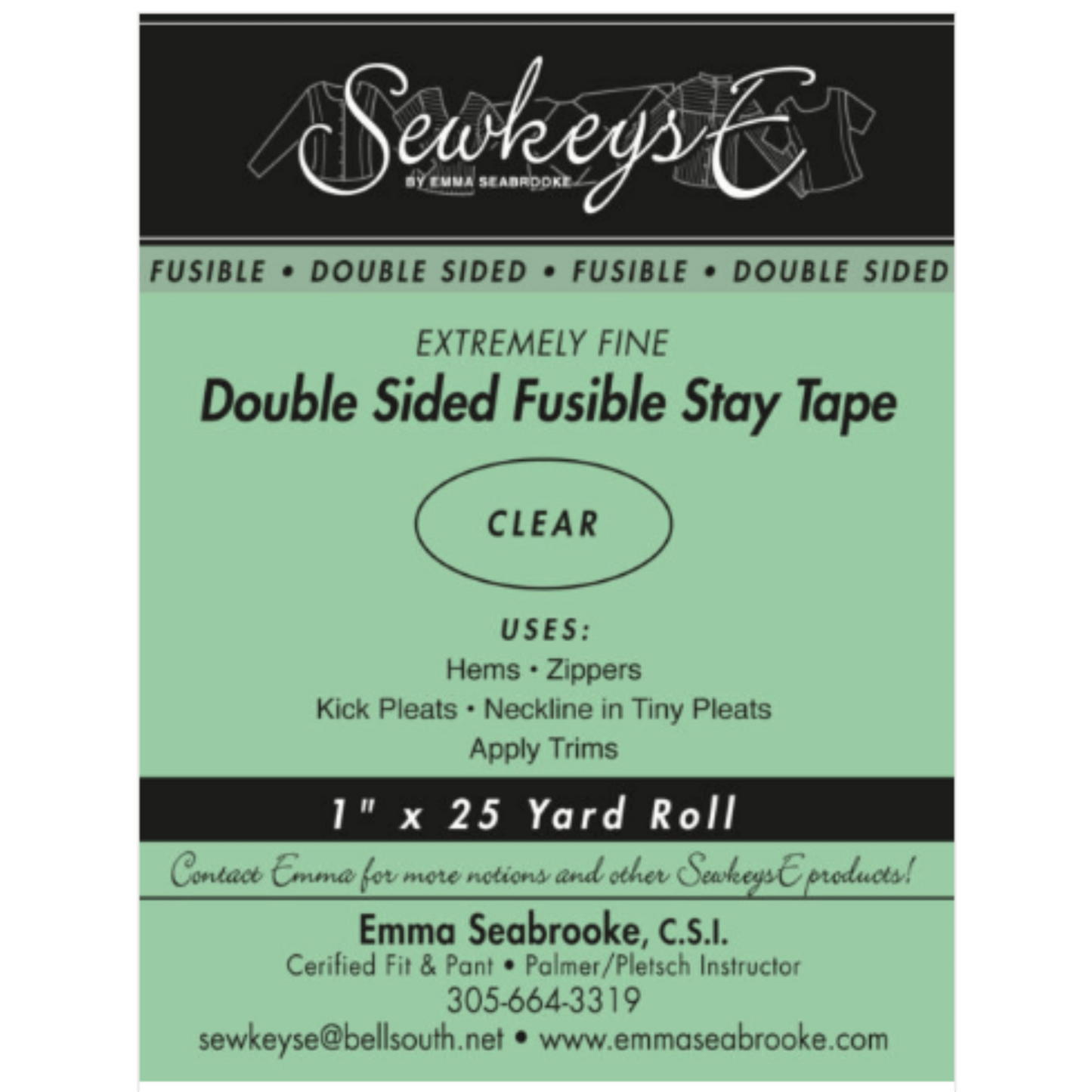 A package of double sided stay tape for sewing that is 1 inch wide and 25 yards long. The package is black and green in color and made by SewkeysE