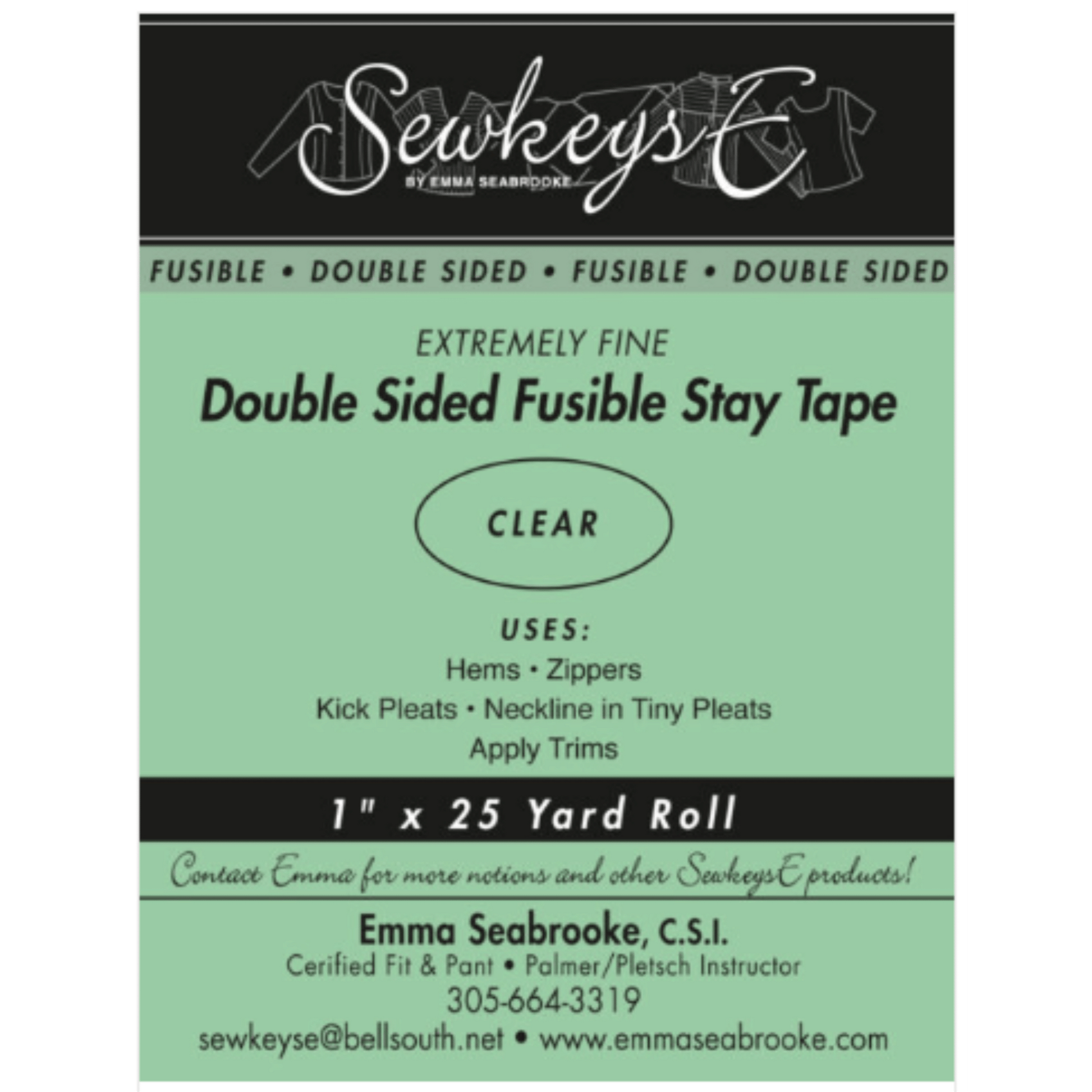 A package of double sided stay tape for sewing that is 1 inch wide and 25 yards long.  The package is black and green in color and made by SewkeysE