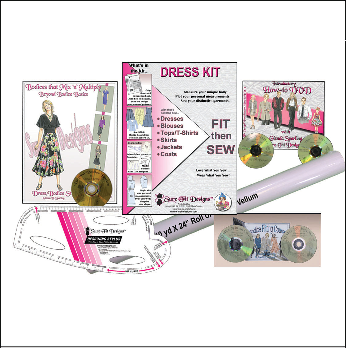 A sewing pattern envelope that is pink and gray that says Dress Kit in the center, a Beyond Bodice Basics  that's on the left, a how to DVD on the right, a roll of tracing vellum below horizontally and a designing stylus on the bottom and a Bodice Fitting Course DVD