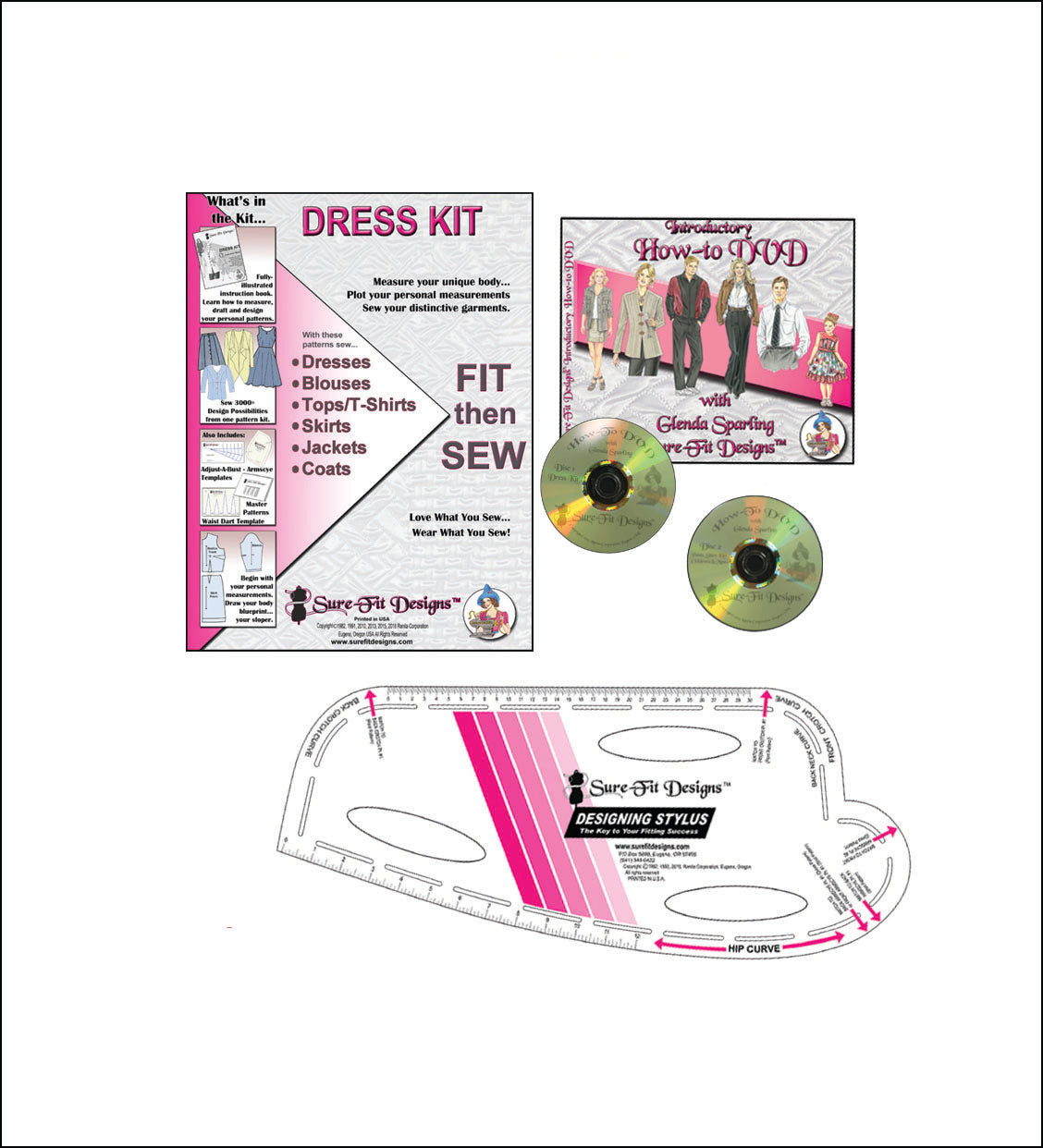 A sewing pattern envelope that is pink and gray that says Dress Kit in the left, t, a how to DVD on the right and a designing stylus on the bottom