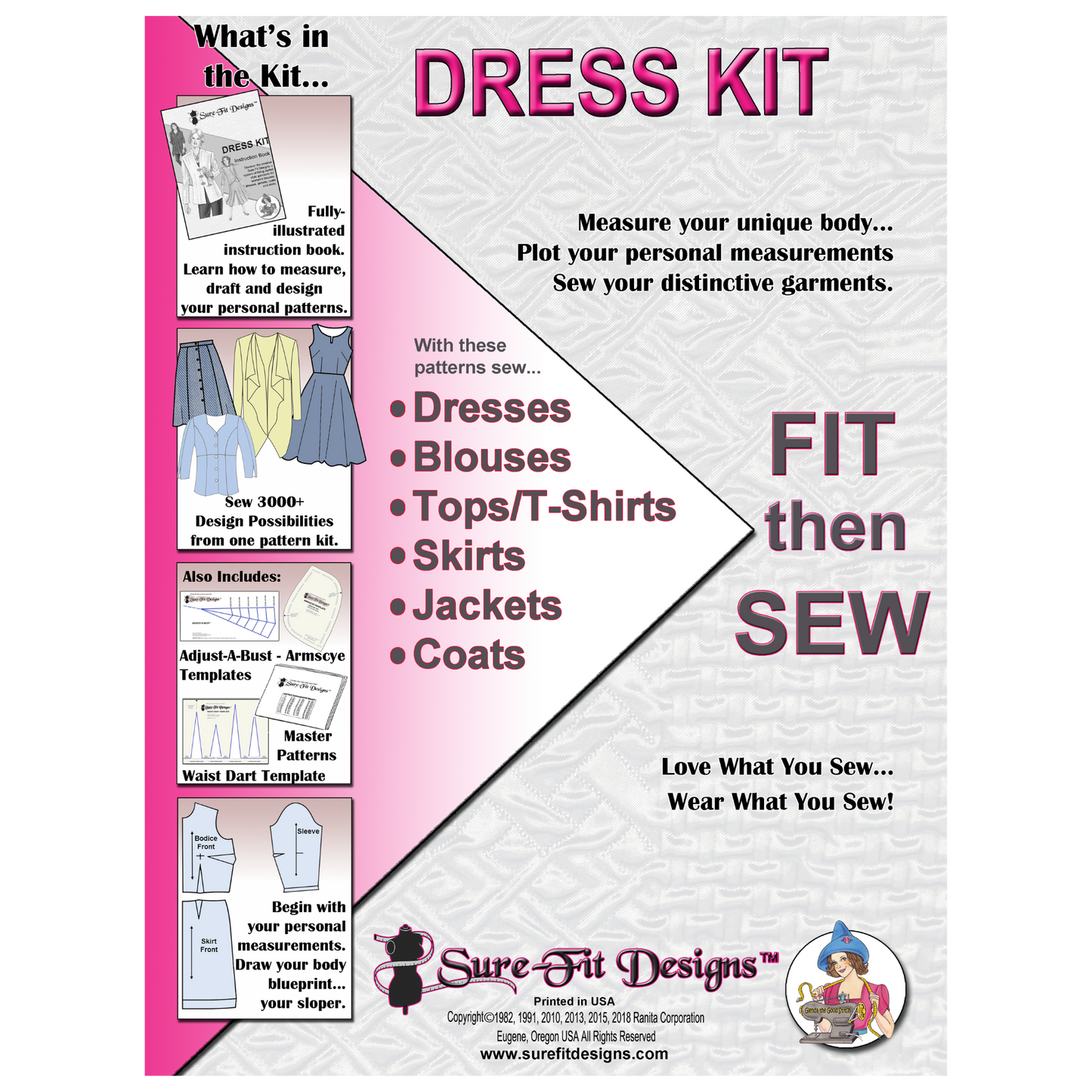 A 10 x 13 large sewing pattern envelope that says dress kit in pink letters. It is master patterns for sewing dresses