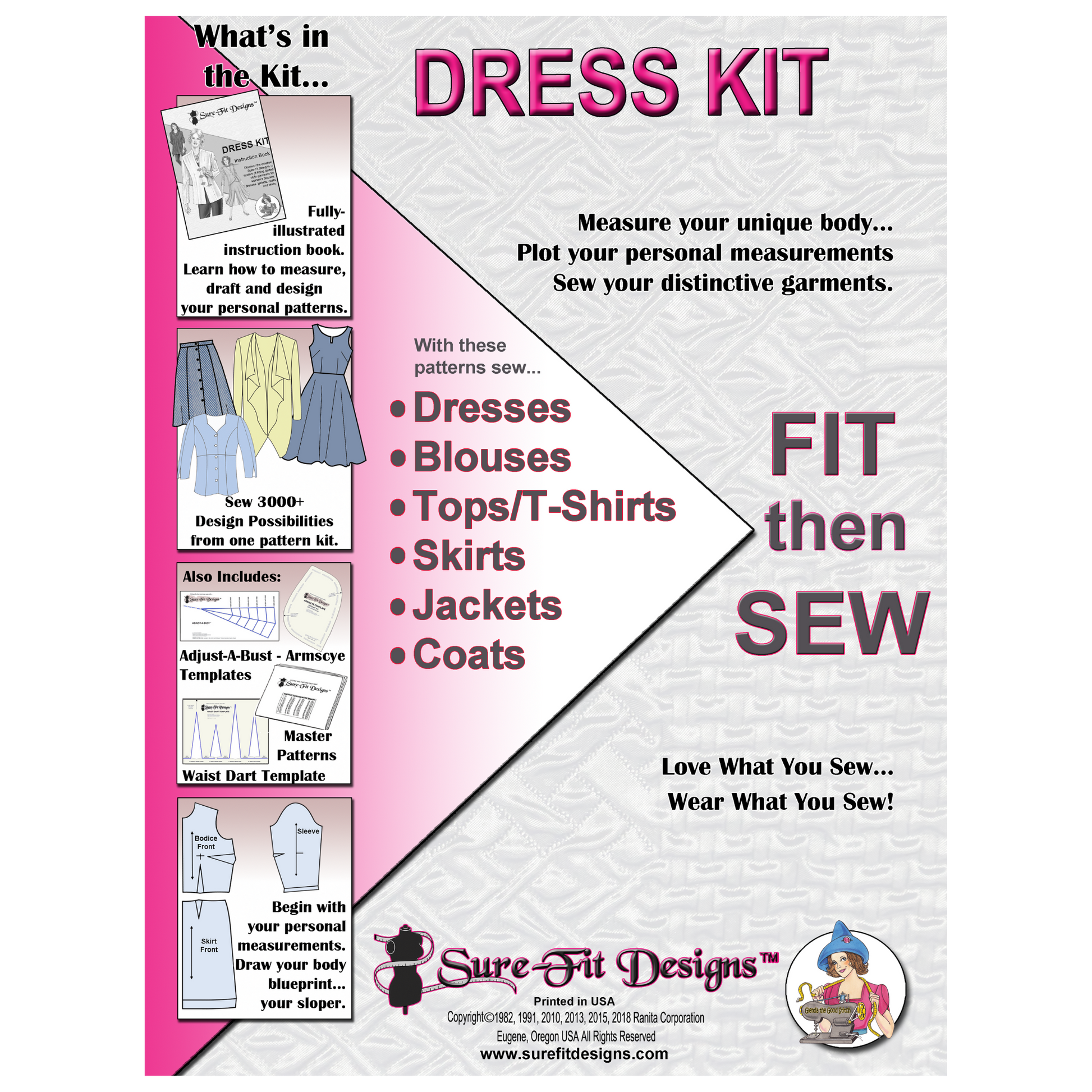A 10 x 13 large sewing pattern envelope that says dress kit in pink letters.  It is master patterns for sewing dresses