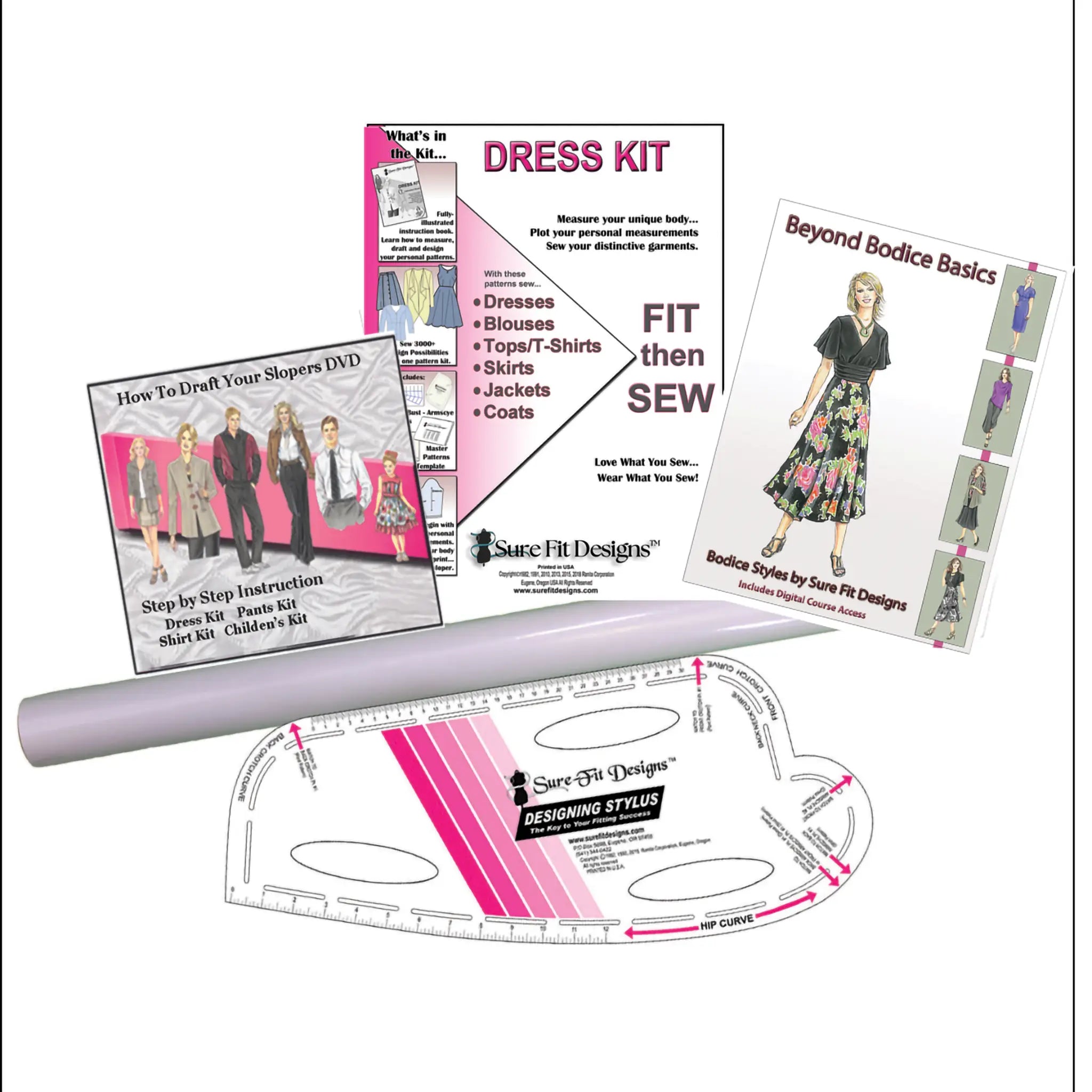 Dress kit with instructions, pattern paper, and design stylus on a white background