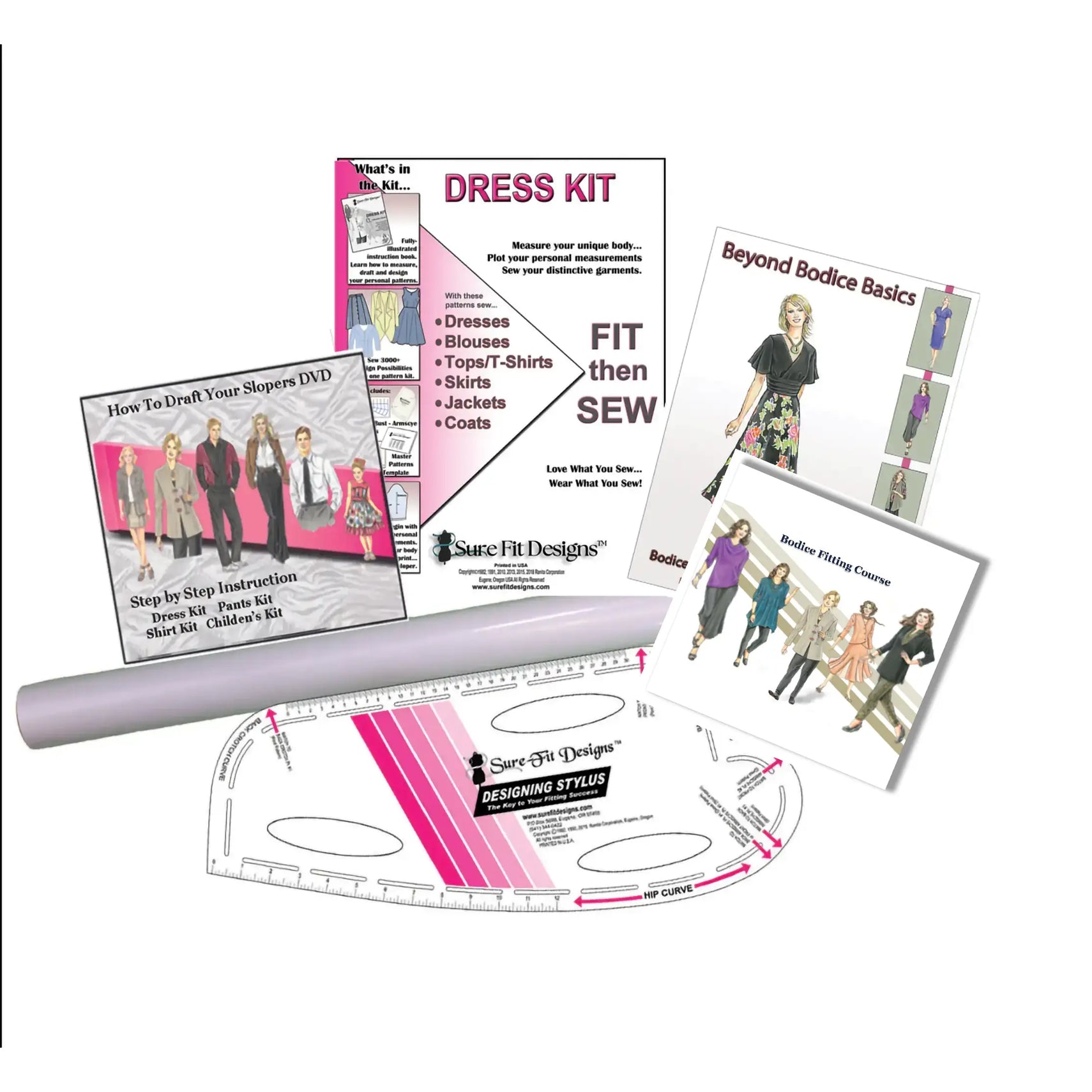 Dress kit with instructions, pattern paper, DVD's and design stylus on a white background