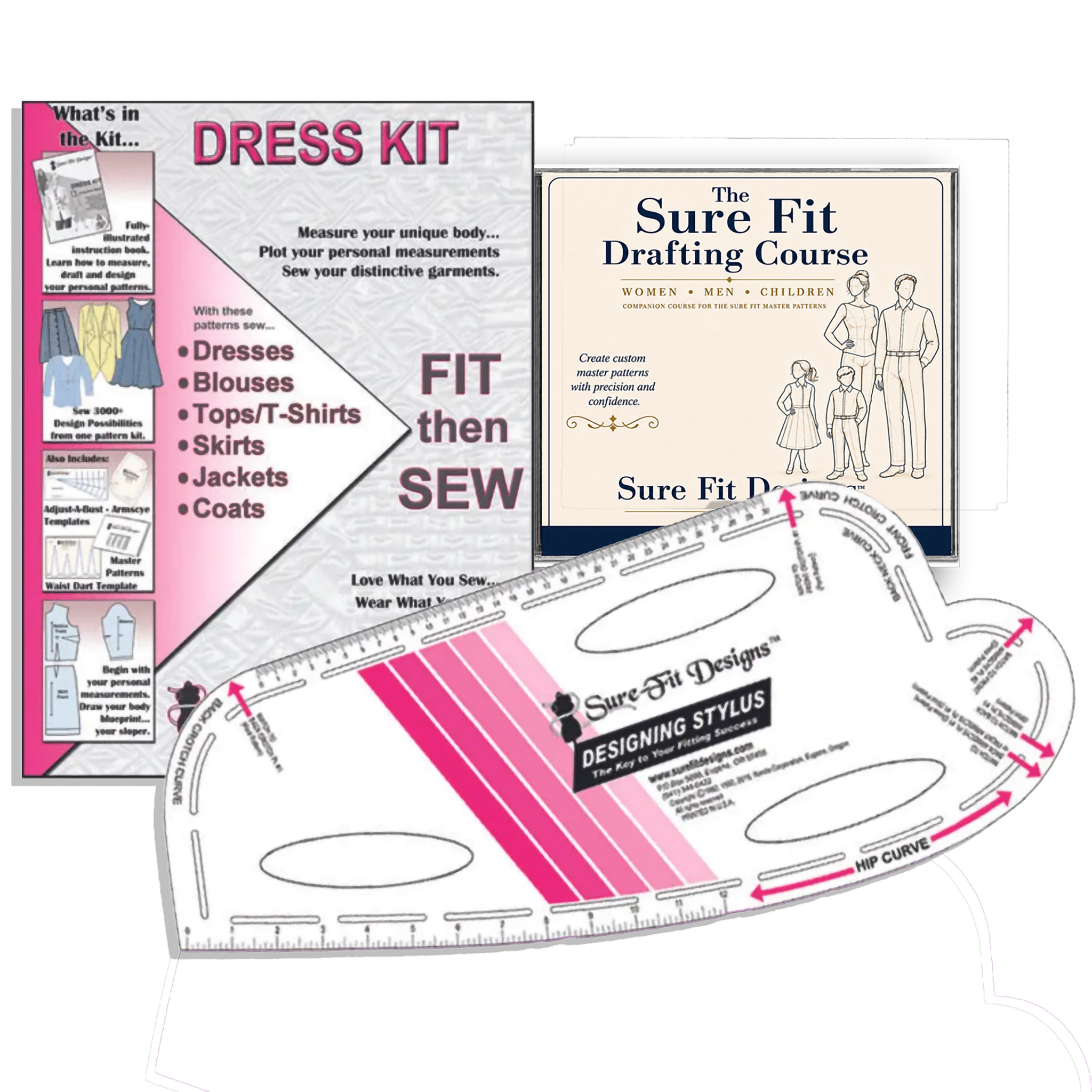 Dress kit with measurement tools and sewing guide on a white background