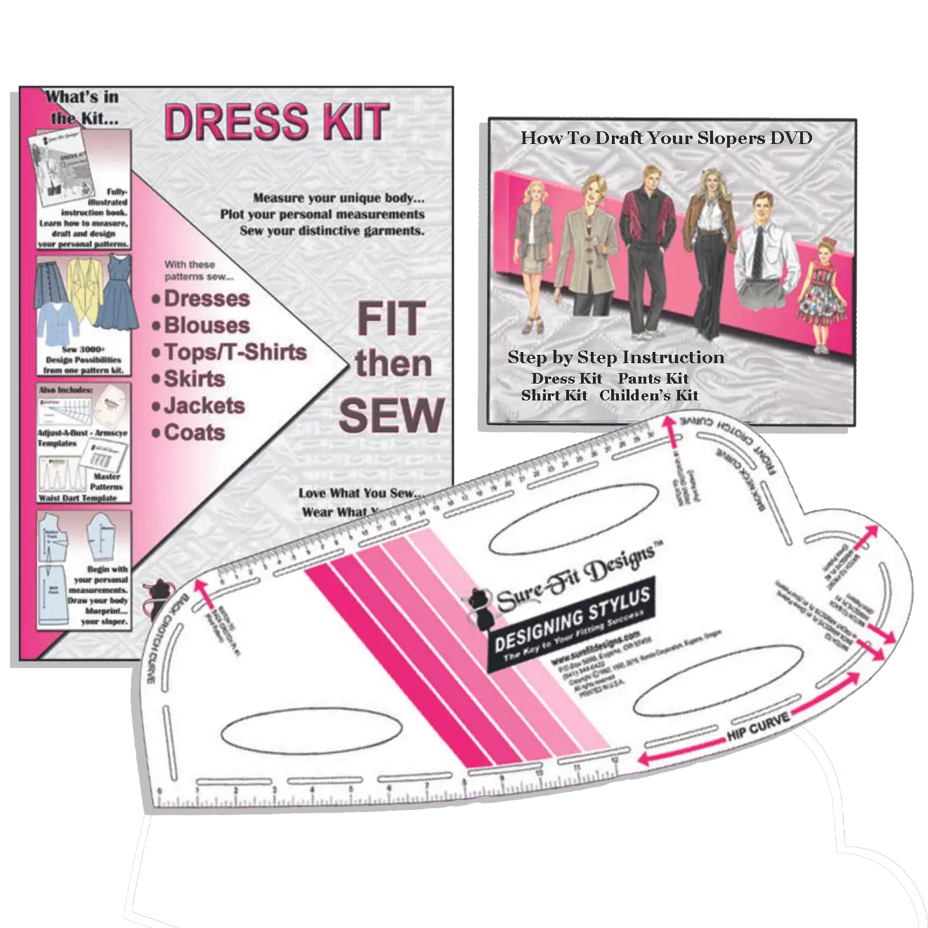 Dress kit with measuring tool and instructions on a white background