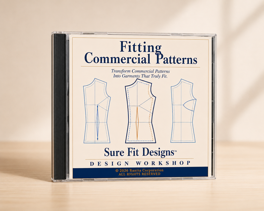 CD case for 'Fitting Commercial Patterns' by Sure Fit Designs on a beige background