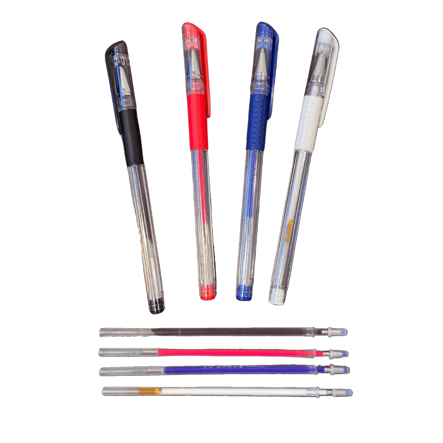 4 colored heat erasable pens for marking fabric lined up vertically. From left to right is black, red, blue and white. There are ink refills lined up horizontally under the pens