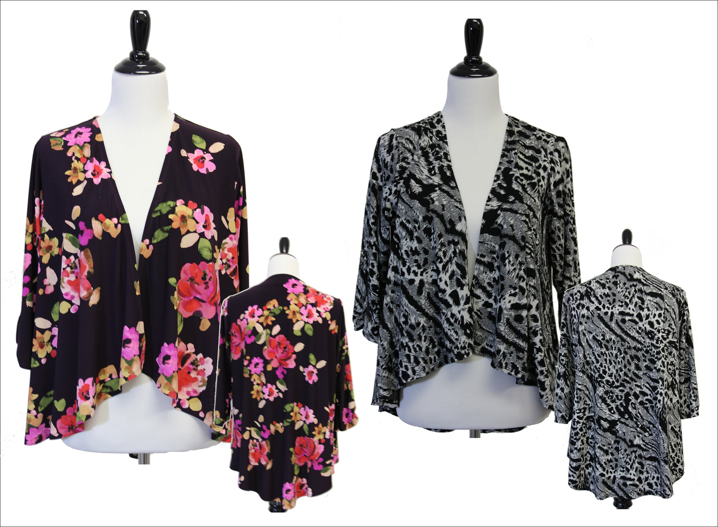 Two mannequins wearing floral and leopard print jackets on a white background