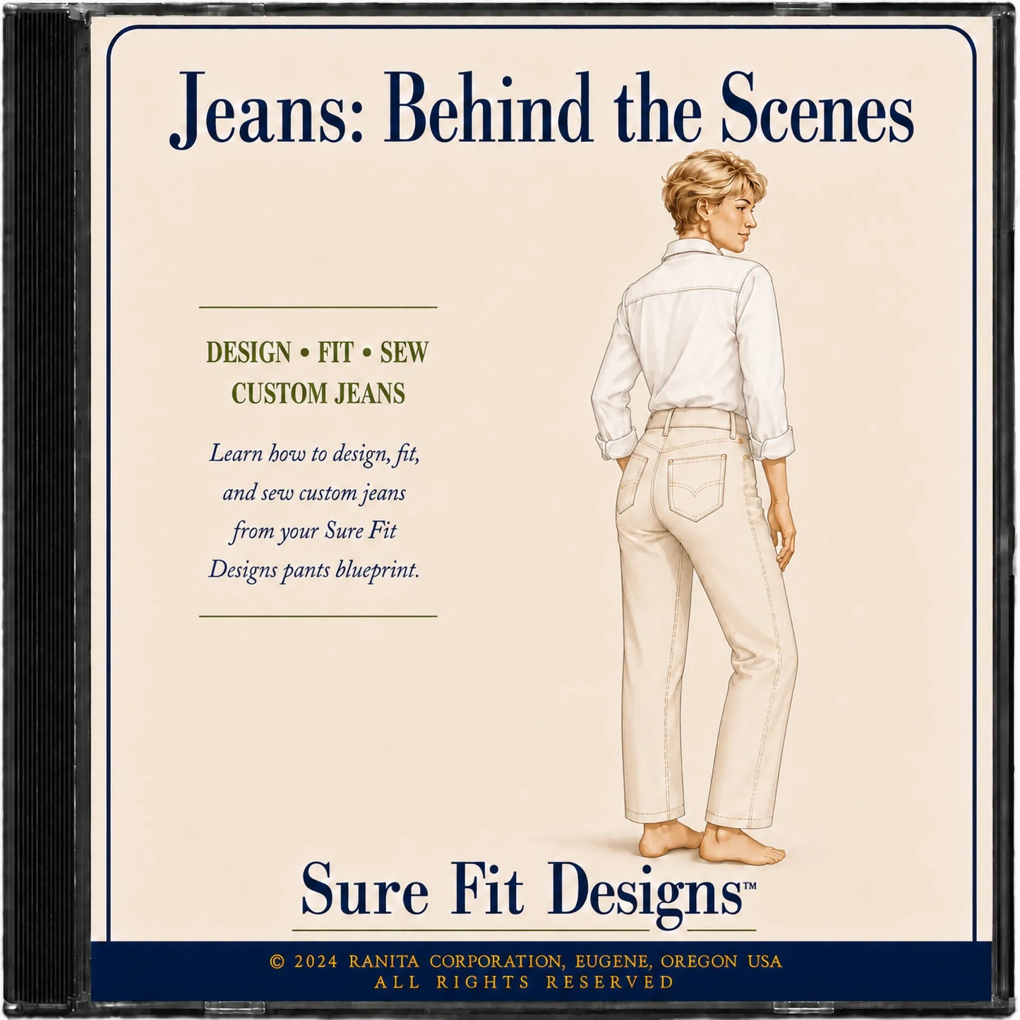 DVD cover for 'Jeans: Behind the Scenes' by Sure Fit Designs with a person wearing white pants and a white shirt.
