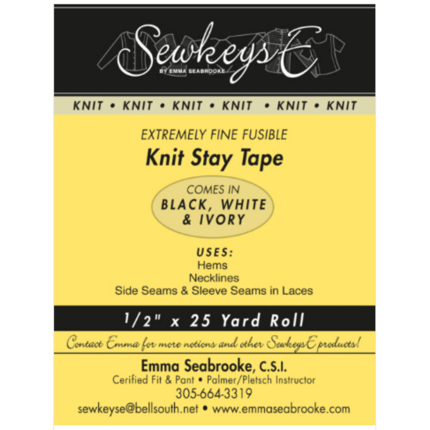 A package of fine knit stay tape for sewing that is 1 inch wide and 25 yards long.  The package is black and yellow in color and made by SewkeysE