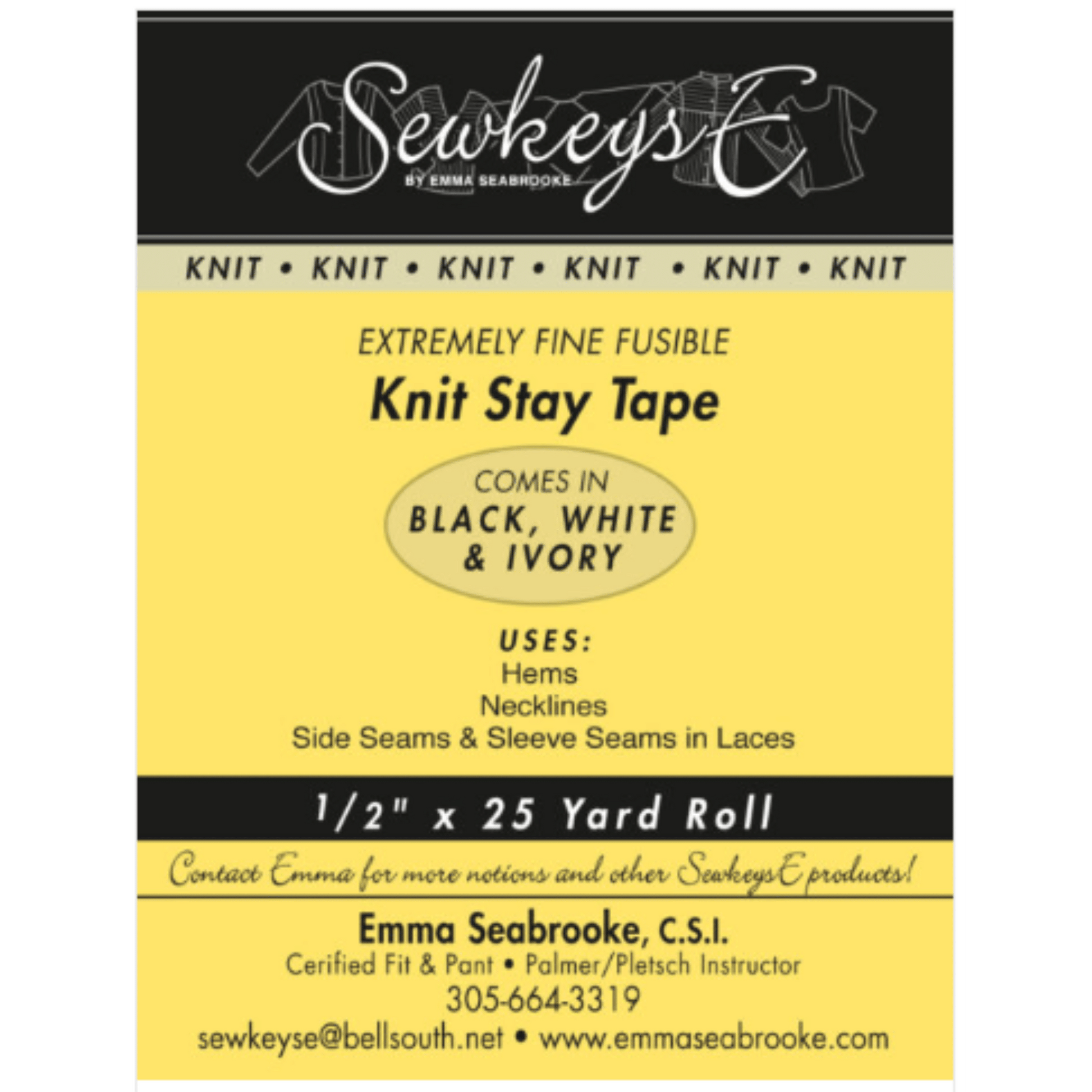 A package of fine knit stay tape for sewing that is 1 inch wide and 25 yards long.  The package is black and yellow in color and made by SewkeysE