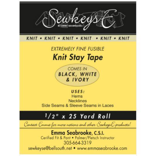 A package of fine knit stay tape for sewing that is 1 inch wide and 25 yards long.  The package is black and yellow in color and made by SewkeysE