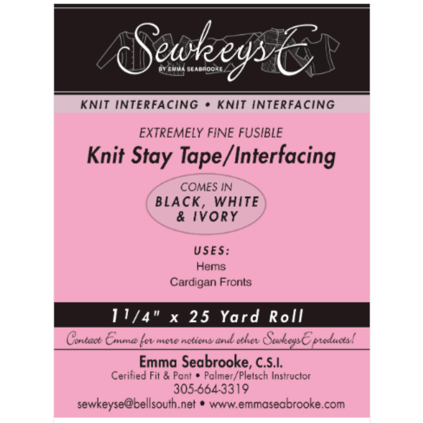 A package of fine knit stay tape for sewing that is 1 1/4 inches wide and 25 yards long.  The package is black and pink in color and made by SewkeysE
