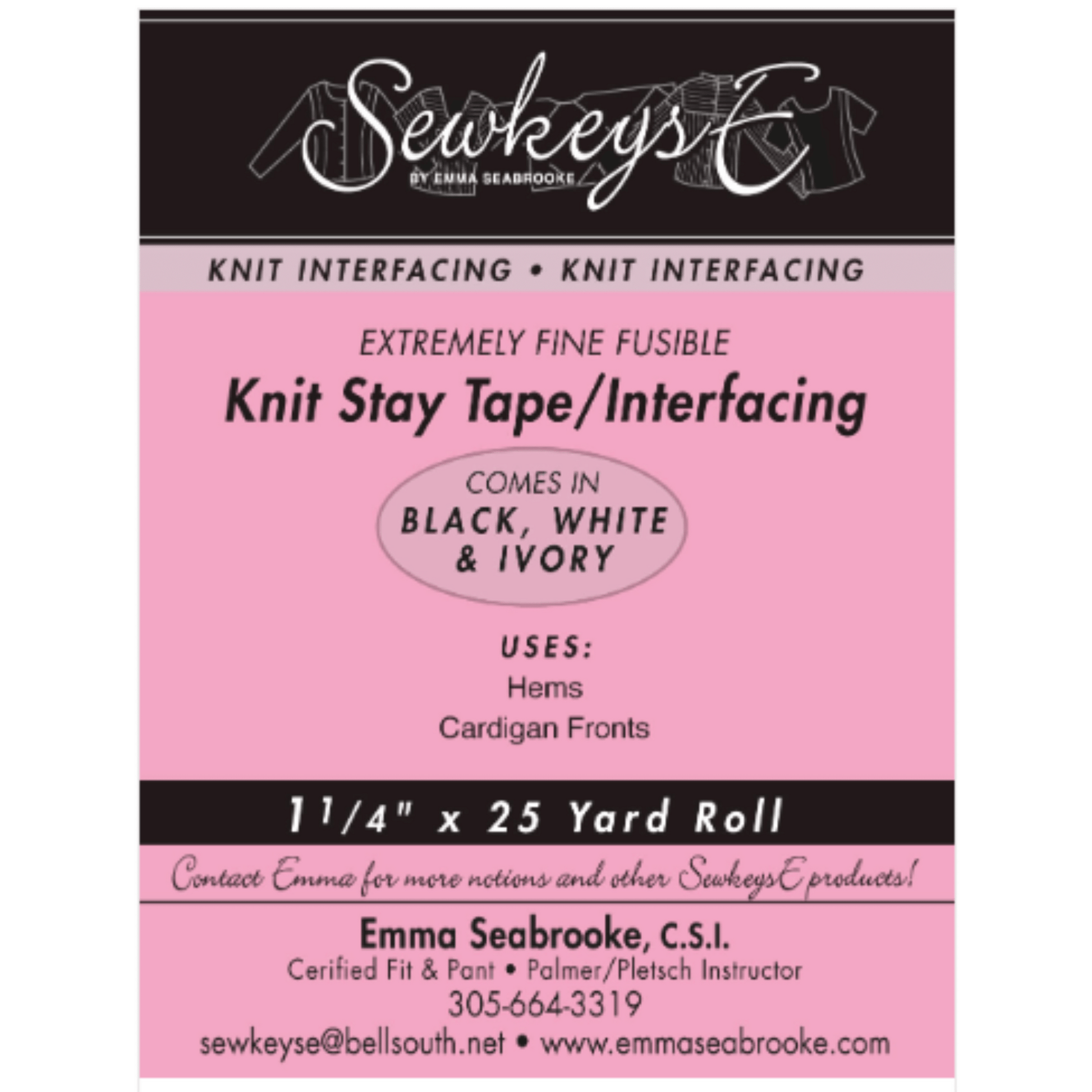 A package of fine knit stay tape for sewing that is 1 1/4 inches wide and 25 yards long.  The package is black and pink in color and made by SewkeysE