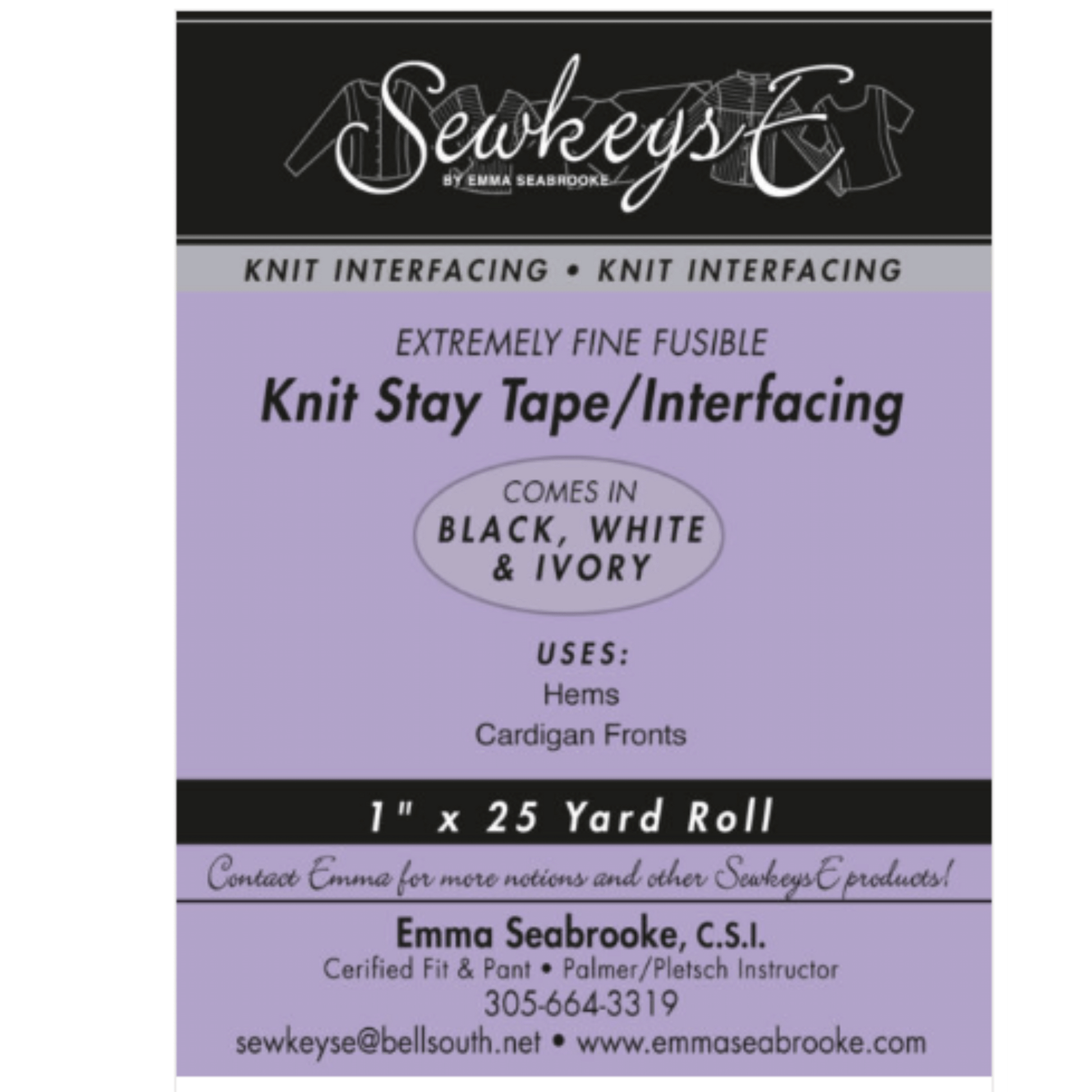 A package of fine knit stay tape for sewing that is 1 inch wide and 25 yards long.  The package is black and lavender in color and made by SewkeysE