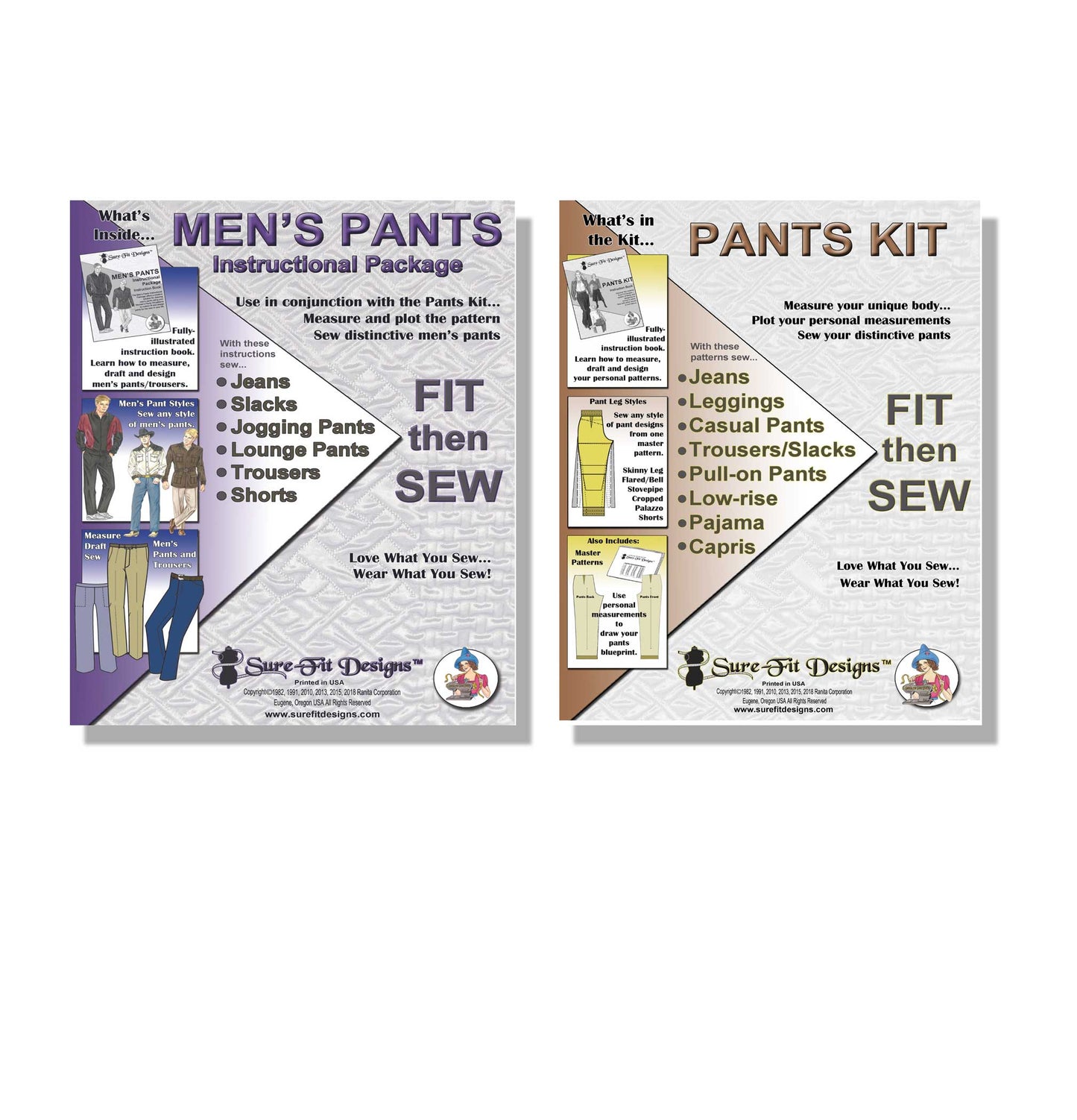 Two sewing patterns. The one on the left is purple and white and says Men's Pants Instructional Package. The one on the right is brown and white and says Pants Kit