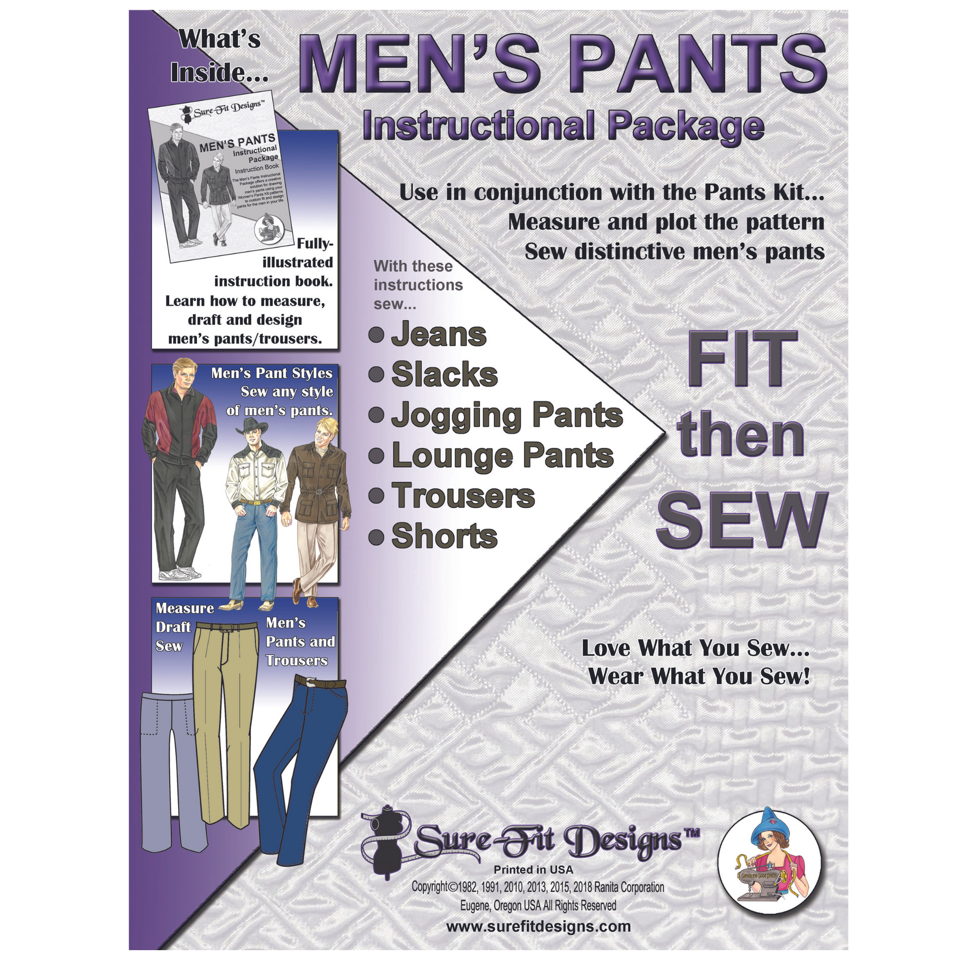 A purple and gray sewing pattern envelope that says Men's Pants Instructional Package. It teaches sewists how to draft men's pants patterns that fit