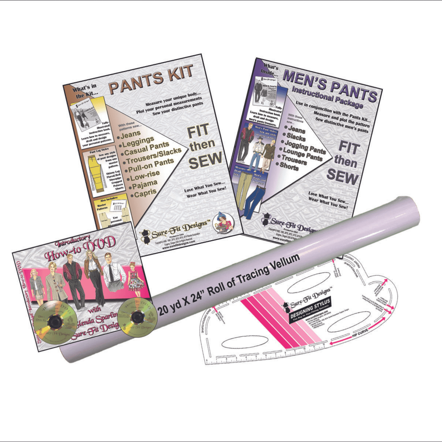 A bundle of Sure Fit Designs products that includes the Pants kit, a brown and white sewing pattern envelope, the Men's Pants Instructional Package, a purple and white envelope, a How to DVD, a white plastic designing stylus, and a 24 inch roll of tracing vellum paper