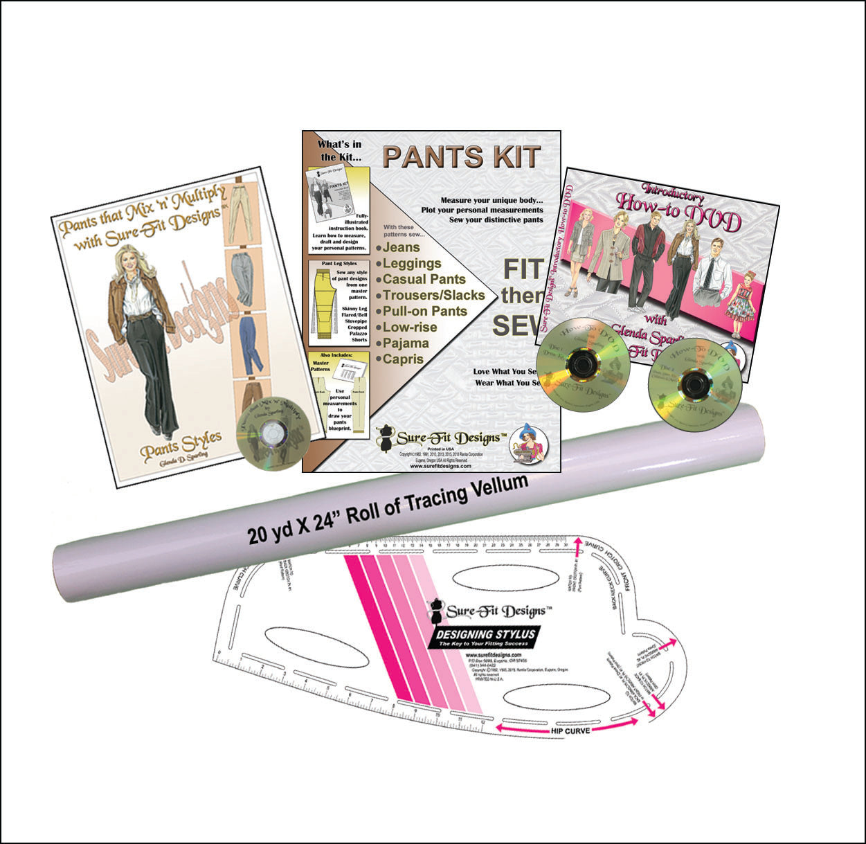 A sewing pattern envelope that is brown and gray that says Pants Kit in the center, a Pants That Mix 'N Multiply on the right, a how to DVD on the right, a roll of tracing vellum below horizontally and a designing stylus on the bottom