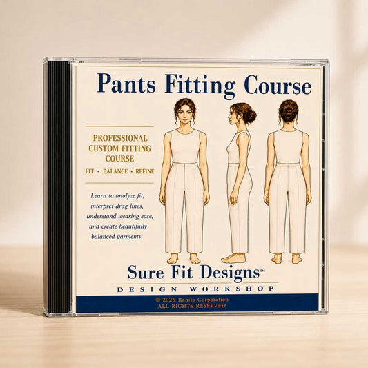 CD case for 'Pants Fitting Course' by Sure Fit Designs on a beige background