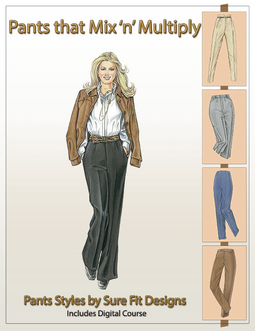 Book cover of 'Pants that Mix 'n' Multiply' by Sure Fit Designs featuring a woman and various pants illustrations.