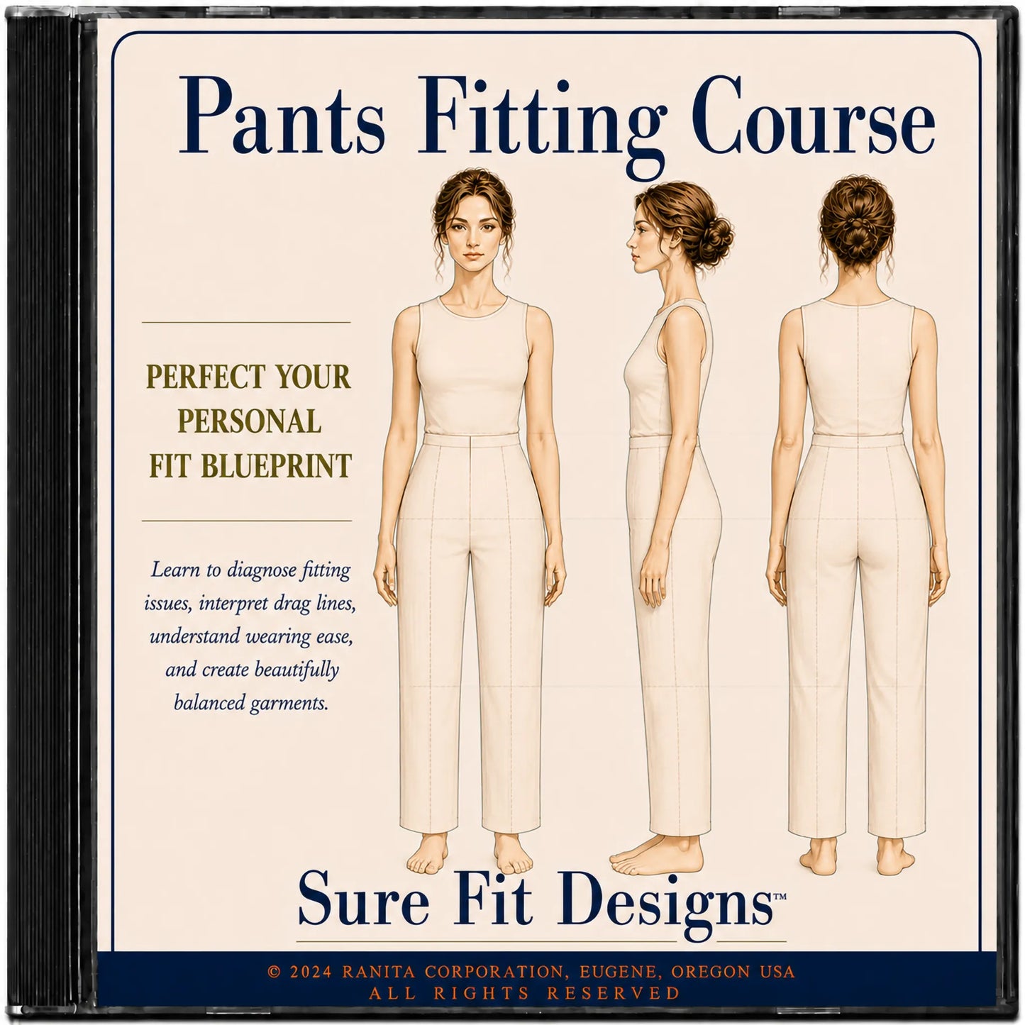 Cover of 'Pants Fitting Course' by Sure Fit Designs with illustrations of a woman in a jumpsuit.
