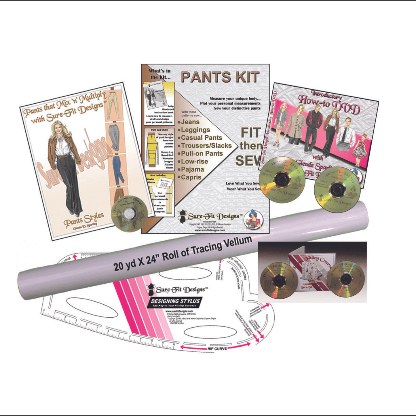 A bundle of Sure Fit Designs products that includes the Pants kit, a brown and white sewing pattern envelope, the Pants that Mix 'N Multiply book, a How to DVD, a Pants Fitting DVD the white plastic designing stylus, and a 24 inch roll of tracing vellum paper