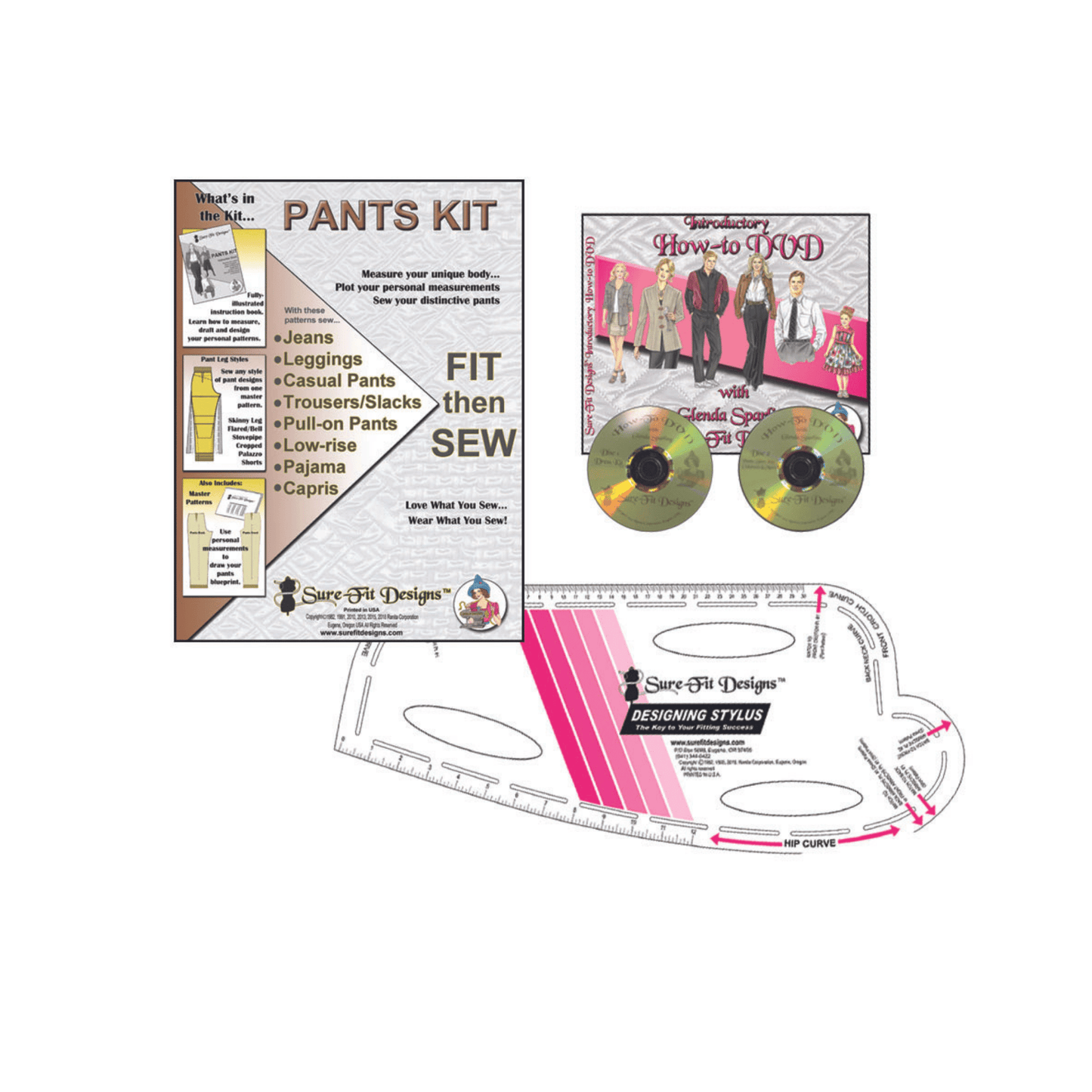 A bundle of Sure Fit Designs products that includes the Pants kit, a brown and white sewing pattern envelope, a How to DVD and the white plastic designing stylus