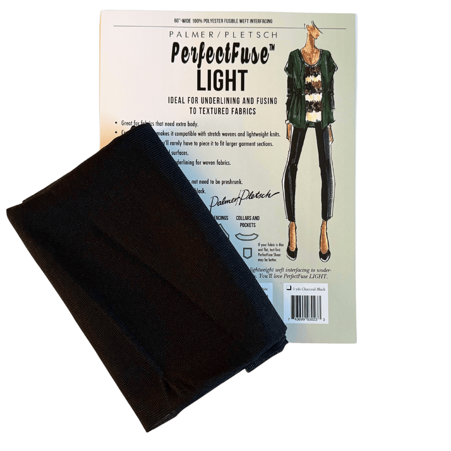 A product envelope for a light weight iron on interfacing made by Palmer Pletsch. The interfacing is black in color