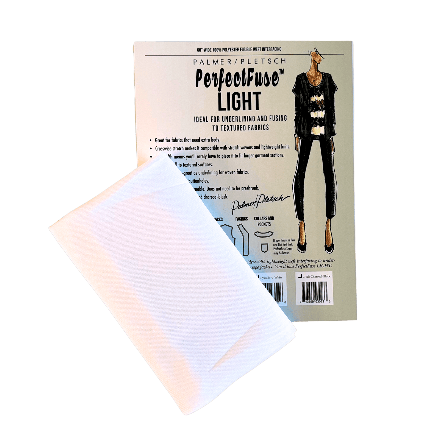 A product envelope for a light weight iron on interfacing made by Palmer Pletsch. The interfacing is white in color