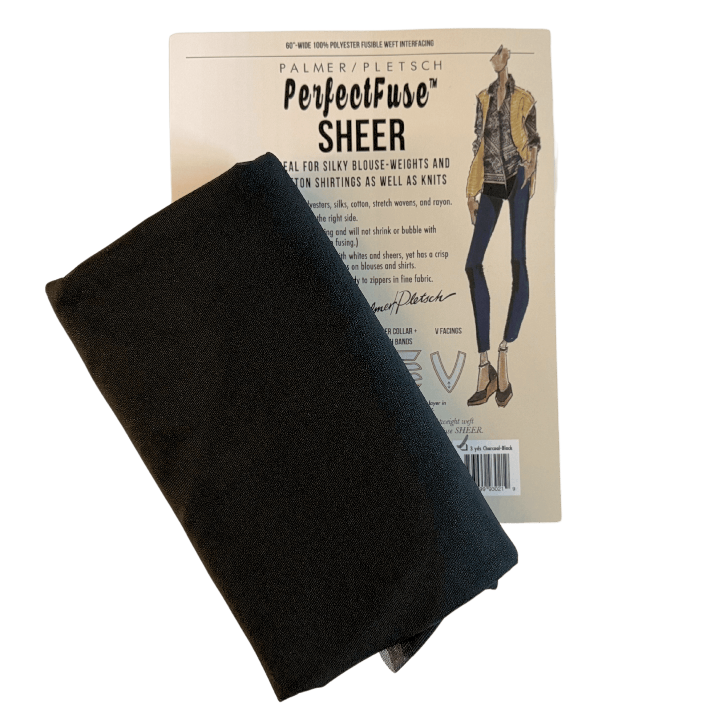 A product envelope for a sheer iron on interfacing made by Palmer Pletsch. The interfacing is black in color