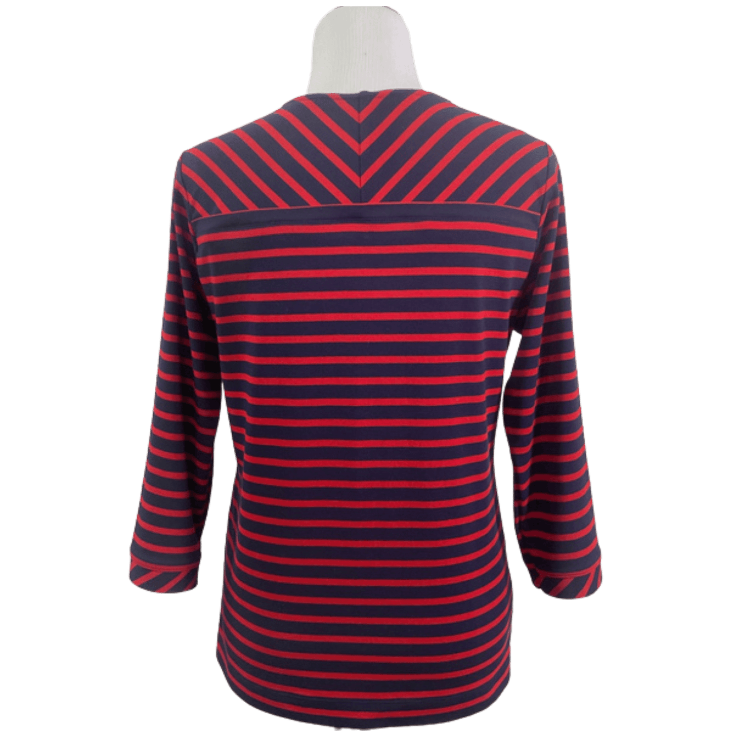 A digital sewing pattern for a tunic the garment is the back of a navy and red striped shirt on a mannequin