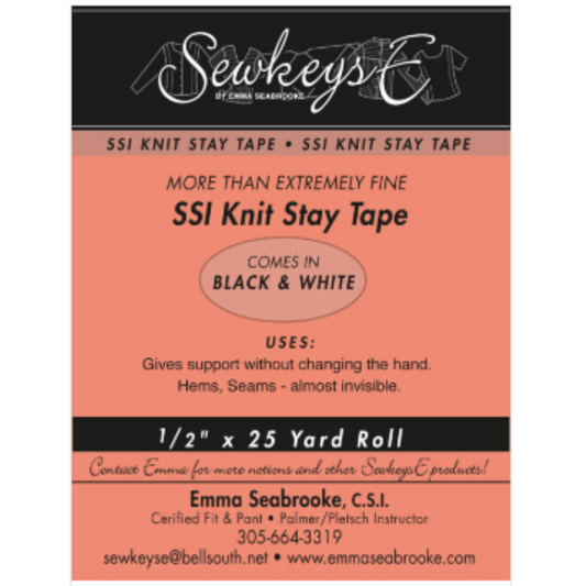 A package of fine knit stay tape for sewing that is 1/2 inch wide and 25 yards long.  The package is black and orange in color and made by SewkeysE