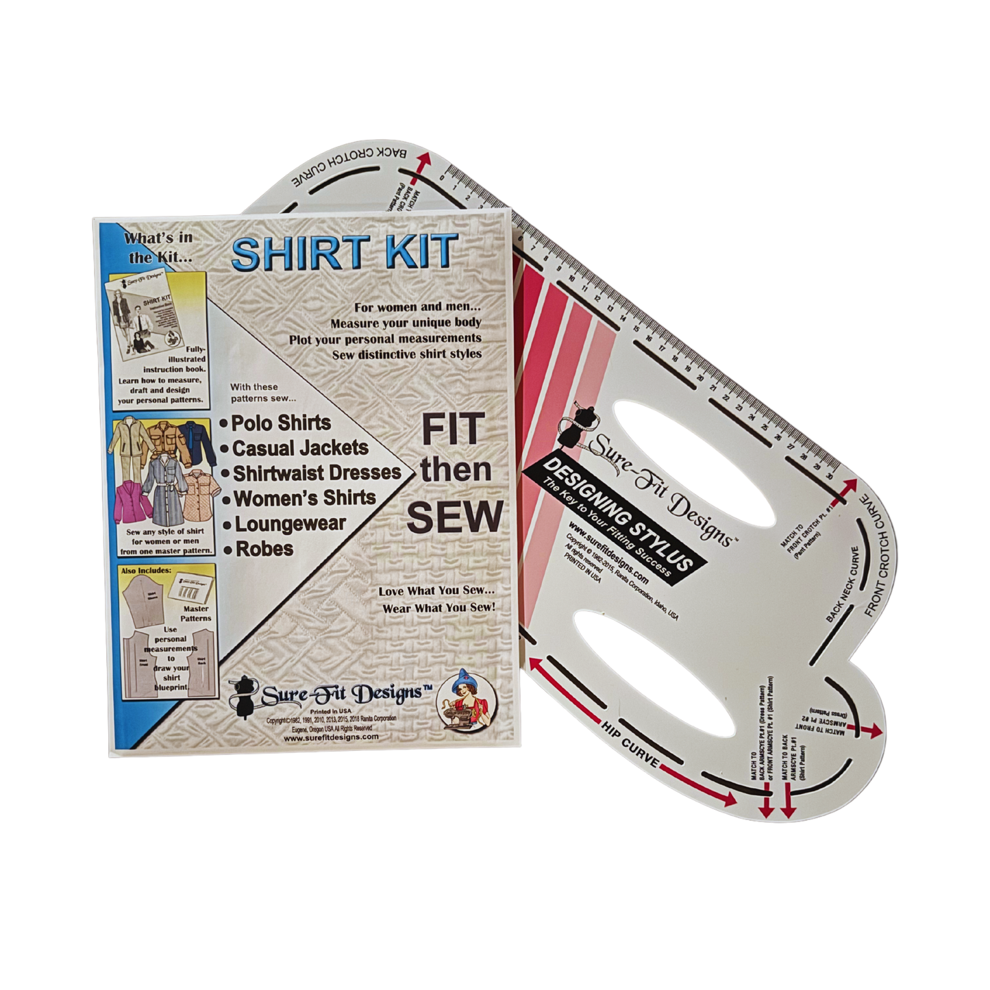 A sewing pattern envelope that blue and white.  It is 10 x 13 inches that says Shirt Kit, it also has a Sure Fit Designs white plastic designing stylus behind it