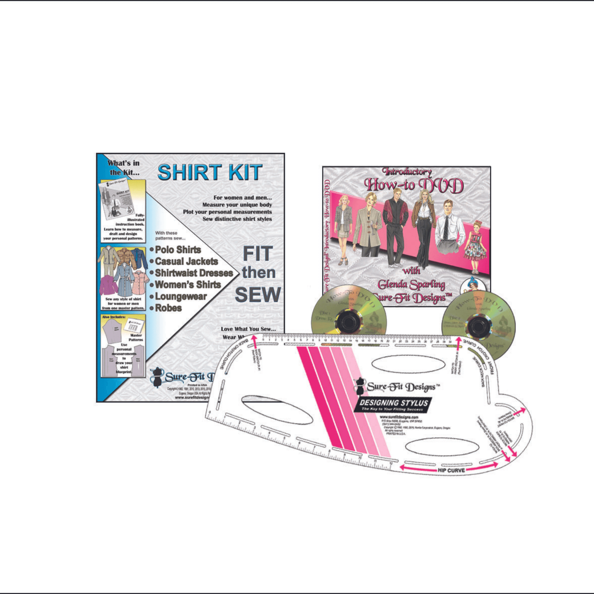 a bundle of Sure Fit Designs Products for shirt making.  A shirt kit pattern that is blue and white is in the center, with  a how to DVD and the designing stylus
