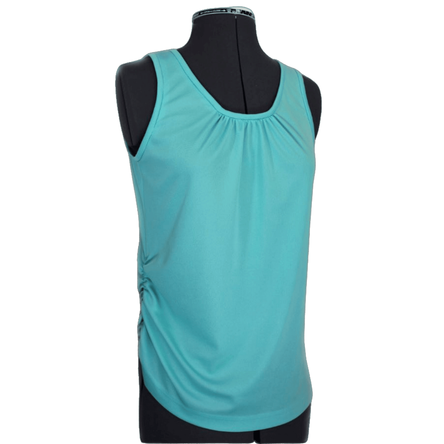 A pretty blue-green tank top with gathers at the center front on a mannequin